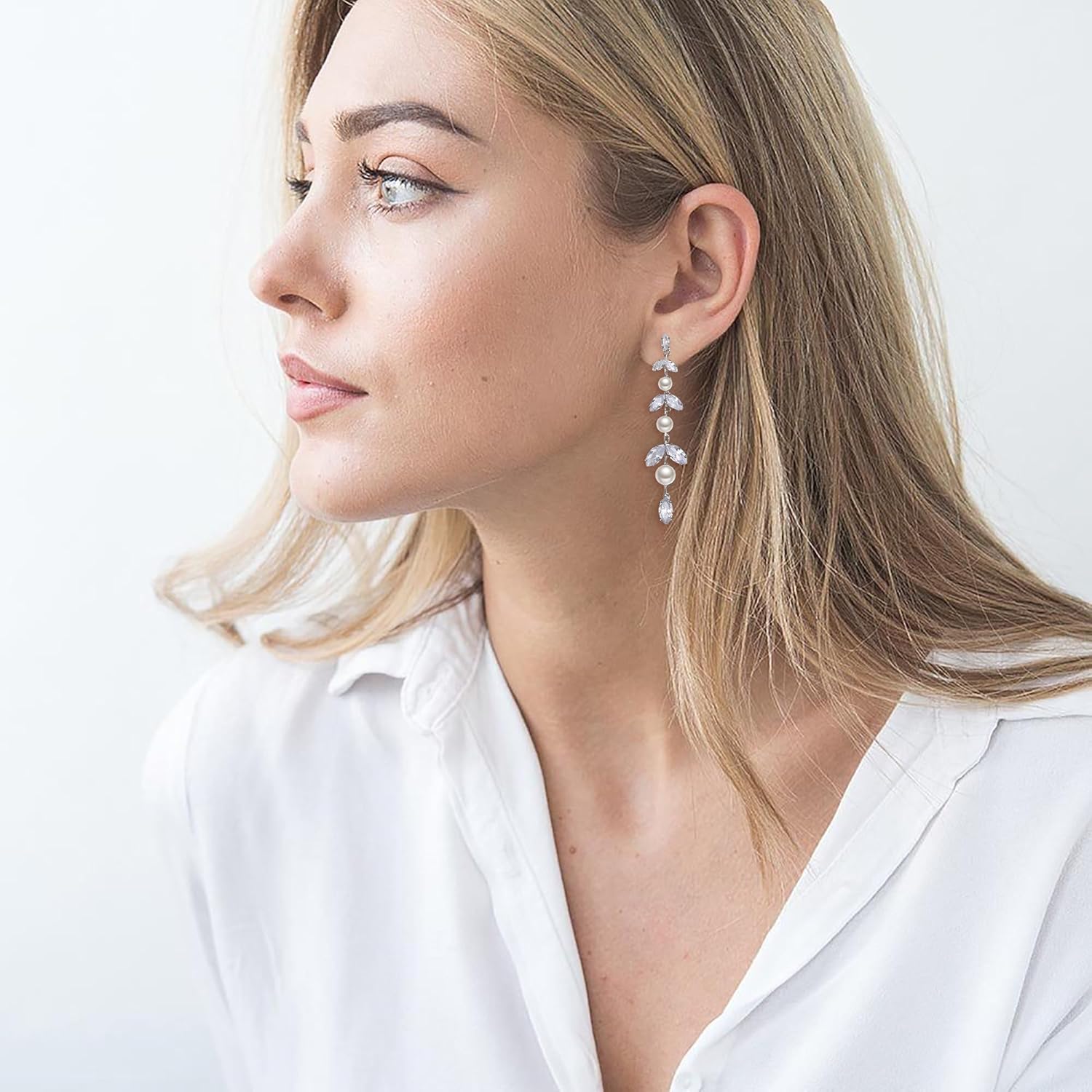 Crysdue Pearl Earrings for Women, Cubic Zirconia Long Chain Drop Dangle Earrings for Prom - Image 2