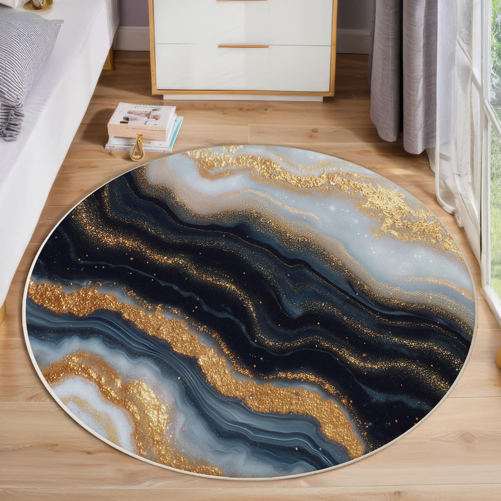 Tapis Rond Style d'art Abstrait Moderne - Lavable en Machine - Motif en Marbre - pour Salon, Chambre à Coucher, Salle de Bain - - Or - 160cm