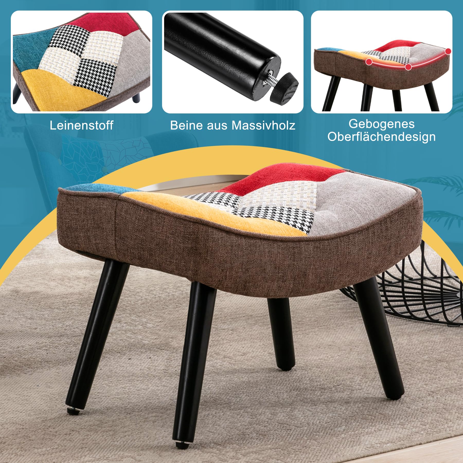 Fußhocker Holzbeine Leinen-Patchwork, bunt, für Wohnzimmer Schlafzimmer, 51 * 38 * 37 cm