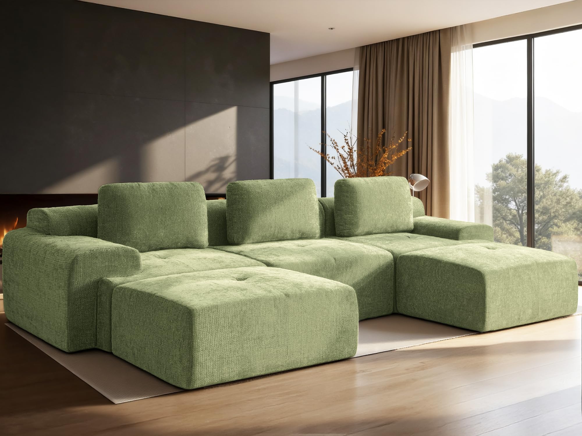 122" U-Shaped Modular Sectional Sofa, Oversized Boneless Cloud Couch for Living Room with Extra Deep Seat &amp; High Back, Tool-Free No Assembly, Soft Chenille (Olive Green, 122 inch-U Shaped（3+2）)