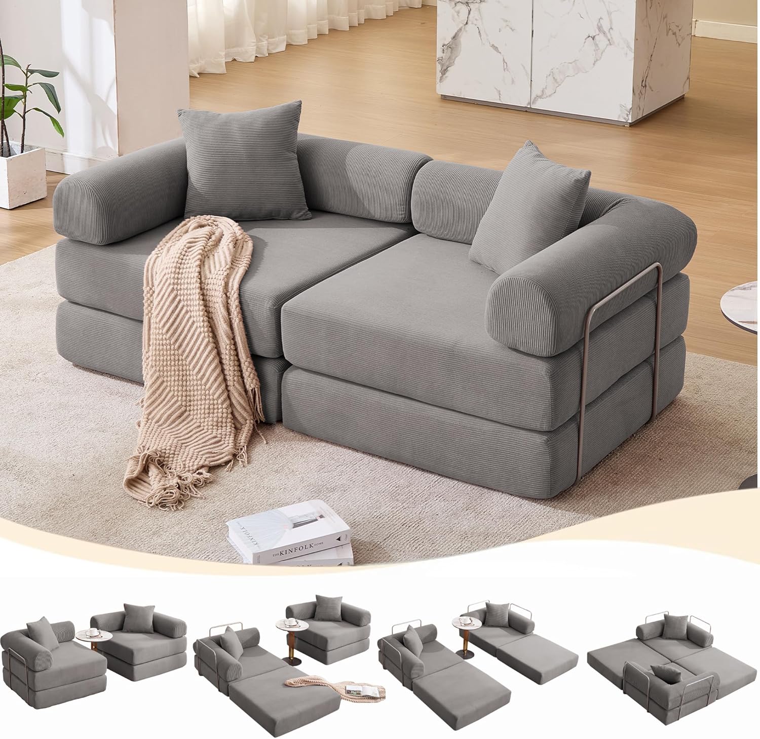 73" Convertible Sleeper Sofa Bed with Fixed-Shape Frame, Corduroy Modular Folding Loveseat Couch with 2 Pillows, Modern Floor Sofa Couch for Living Room, No Assembly, Dark Gray