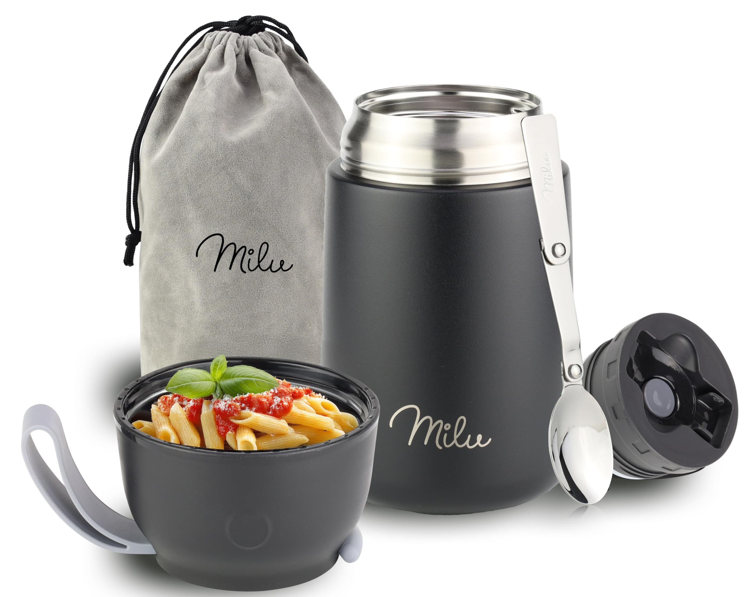 Milu Food Flask for Hot Food - 650ml Leakproof Insulated Stainless Steel Thermal Lunch Box, Soup Container with Spoon, BPA-Free, To go Meal Prep, Porridge (Black, 650ml)