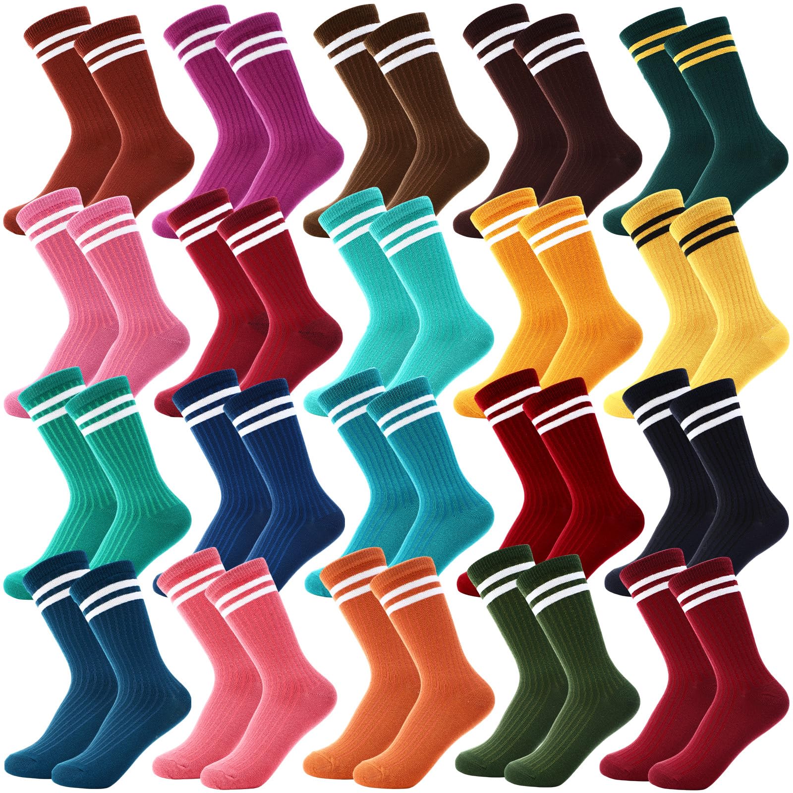 20 Paar bunte gestreifte Crew Crew Socken Athletic Einfarbig Gestreift Baumwollschlauch halb Damen Herren Socken