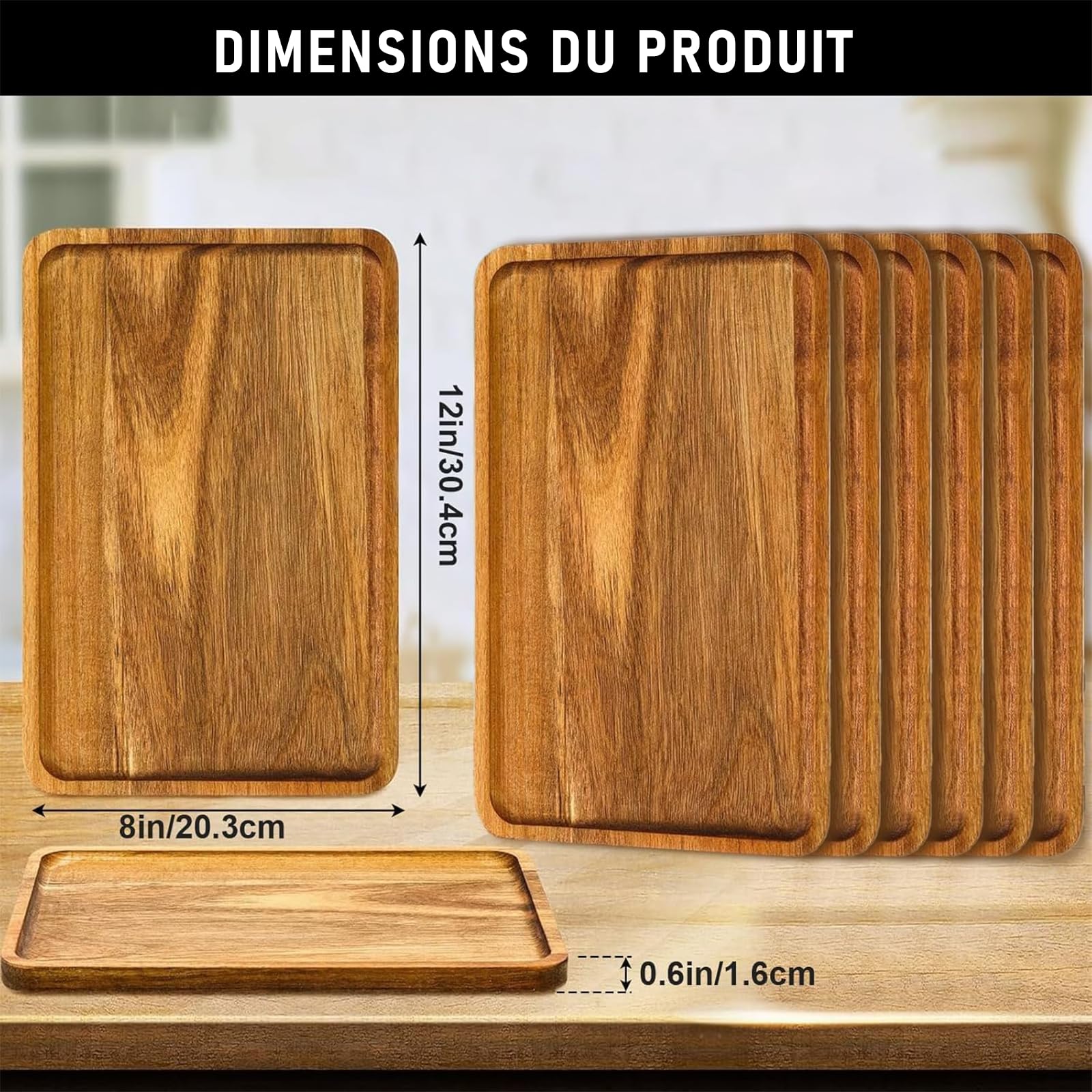 Lot de 6 Plateaux de Service Rectangulaires en Bois d'Acacia, 30 x 20 cm Grand Plateau de Présentation en Bois Naturel, Planche à Fromage et Charcuterie pour Apéritif, Dessert, Fruit, Snack