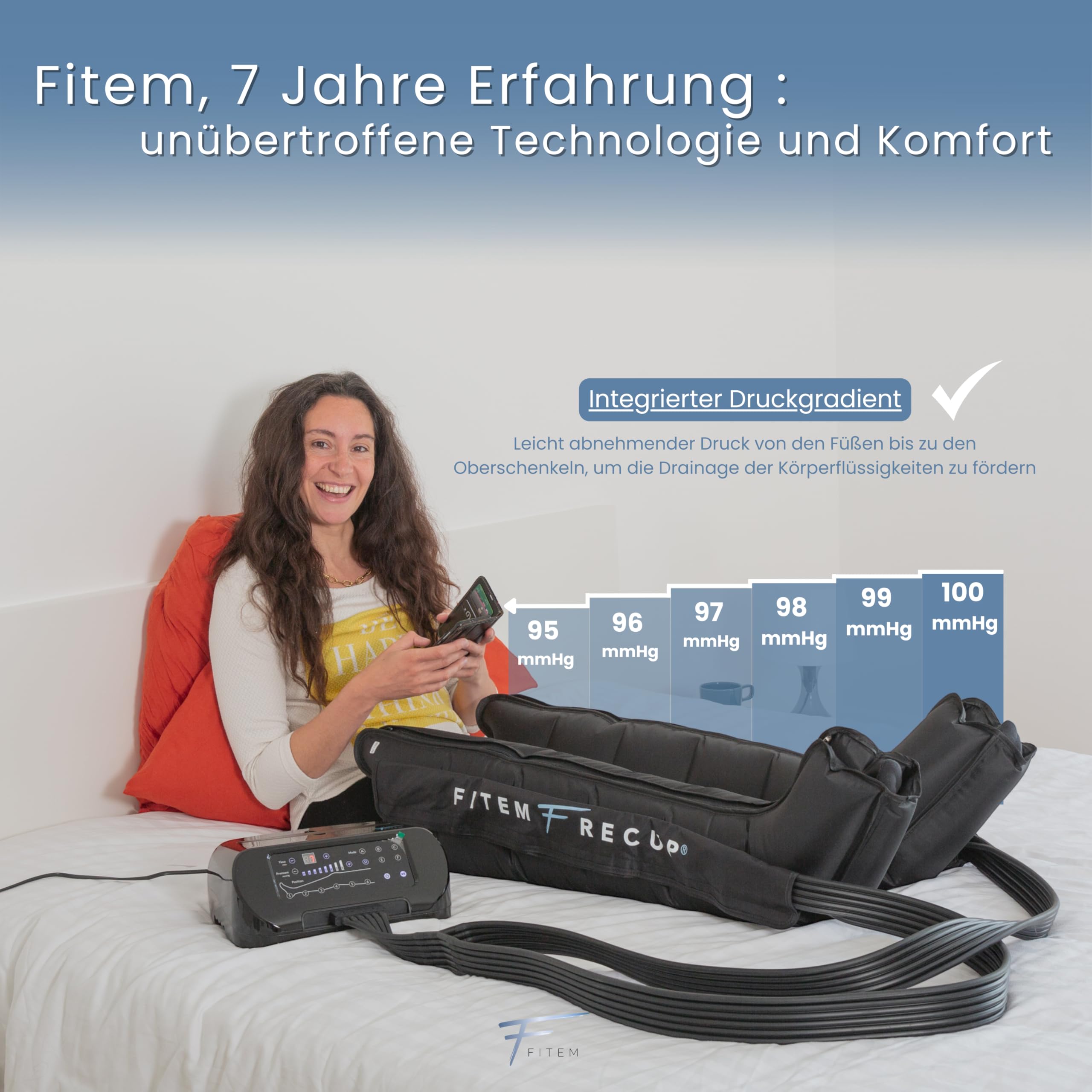 Fitem Pressotherapie-Stiefel mit 6 Programmen – 6 Kammern – Tiefenmassage für Beine, Füße – Lymphdrainage, schwere Beine, Ödem, Lymphödem, Lipoödem, Cellulite, Erholung beim Sport (L) | 6 Massagemodi, Massage für Beine & Füße, Lymphdrainage, schwere Beine