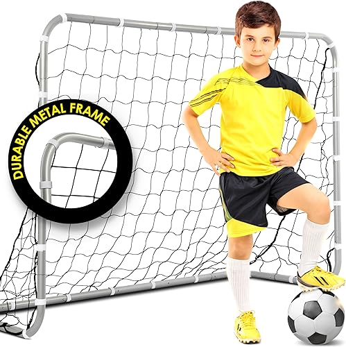 E-Jet - Porterías de fútbol, marco de metal de 6 x 4 pies con red para todo tipo de clima, color blanco