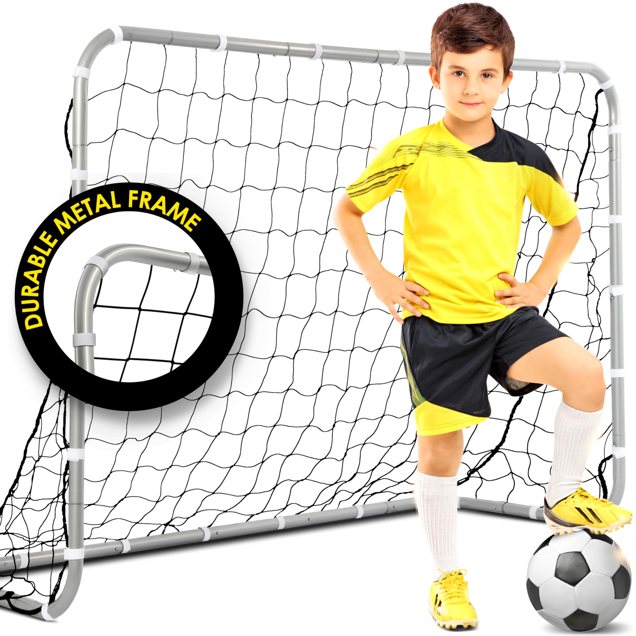 E-Jet Soccer Goals Football Goals, 6'x4' Metal Frame with All Weather Net, White