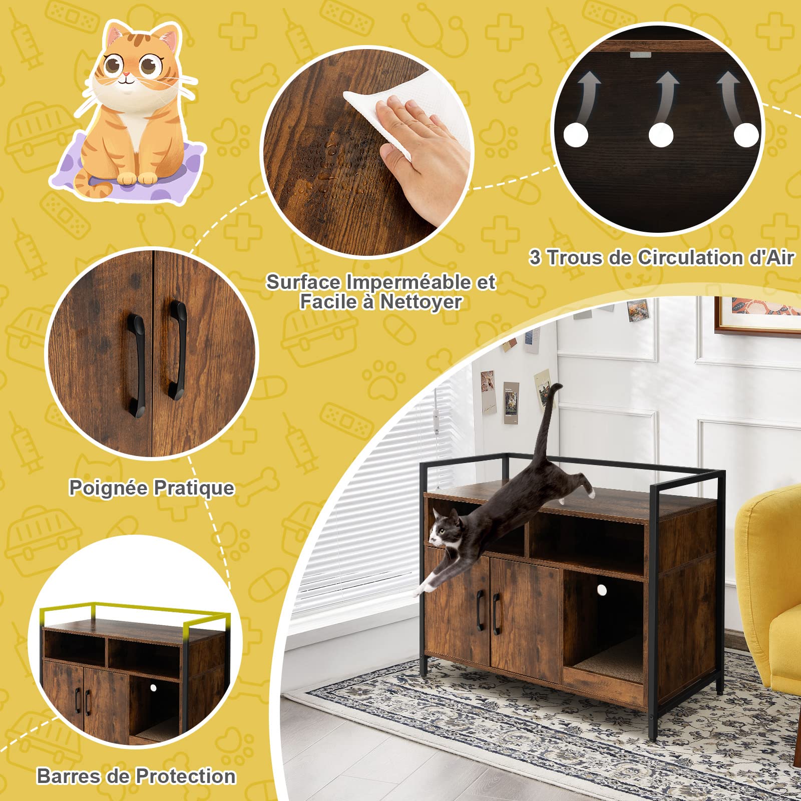 GYMAX Meuble Cache Litière Chat Grand en Bois, avec Griffoir Détachable, Maison de Toilette avec 2 Étagères Rangement Ouvertes, Maison Bon Ventilation et Anti-basculement pour Chat(Café)