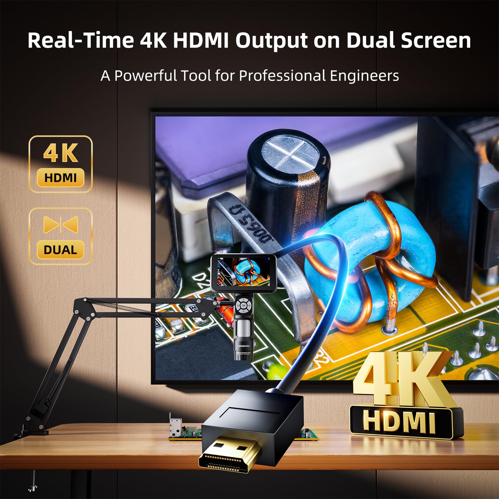 4K HDMI Digitalmikroskop mit Flexarm Ständer, 4K Lötmikroskop Kamera für Erwachsene, 5 Zoll Bildschirm, 3840P Video, 1200X Hand-Münzlupe Vollsicht, 8 LED-Licht, PC-Ansicht, 32G, LM115A-4K