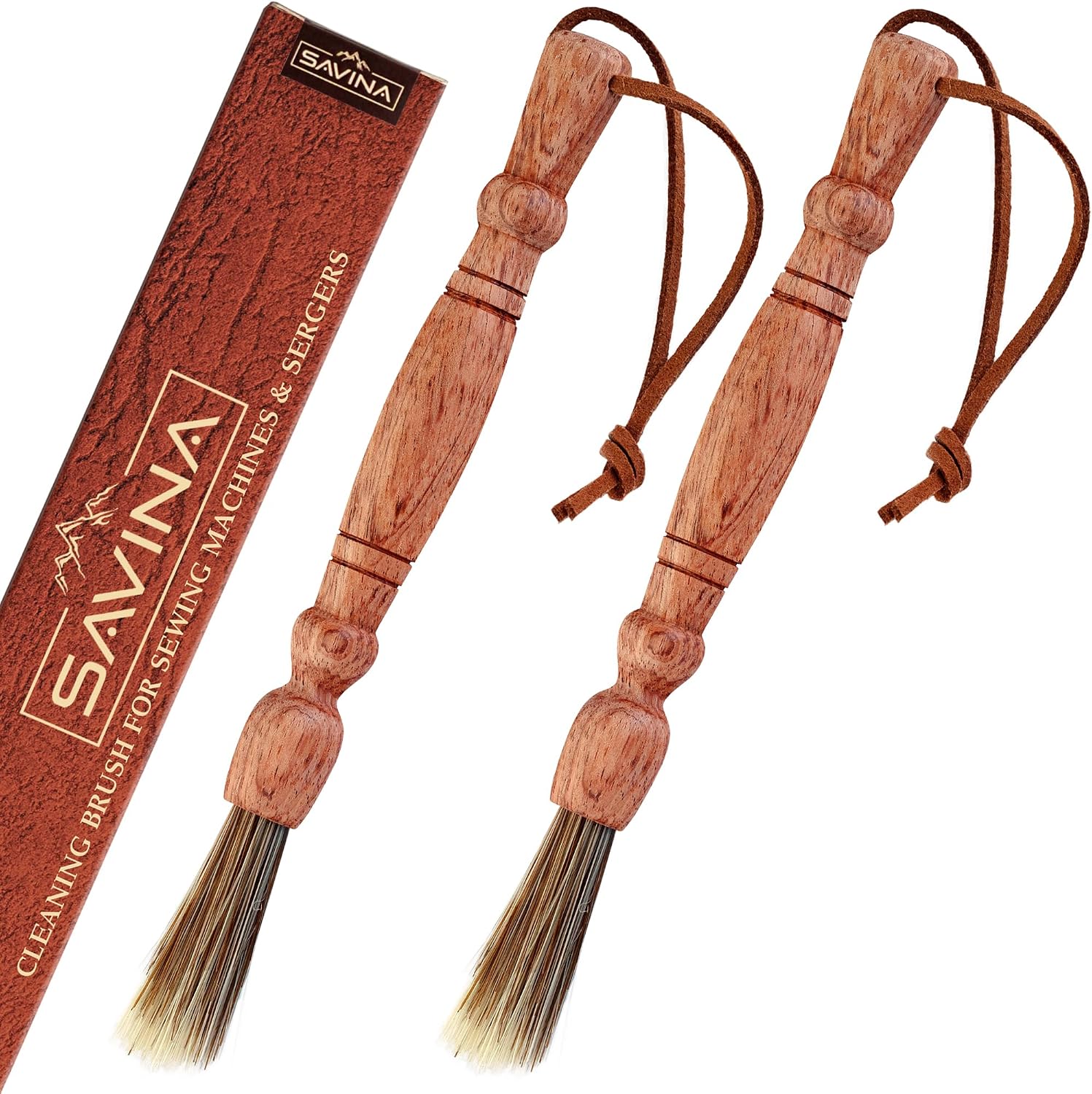 Savina Set 2 Cleaning Brush for Sewing Machine & Sergers - Sewing Tool, Wooden Lint Brush with a Built-in Hanging Strap. Brushing Lint Out of Sewing Machines.
