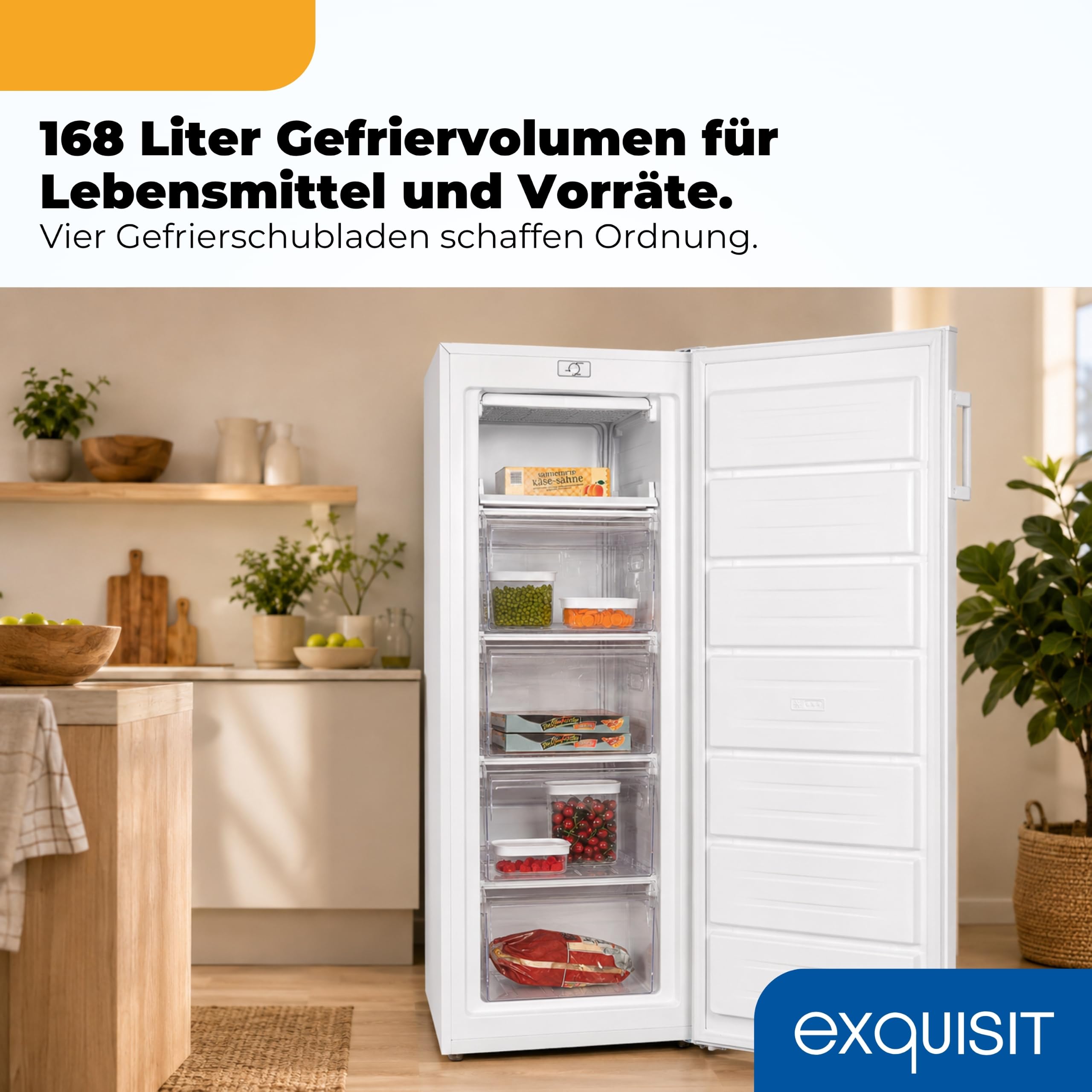 Exquisit GS5230-H-040D Gefrierschrank - 168 l Tiefkühlschrank - Weiß - D | 4 Sterne Gefrierfach - 4 Schubladen - 143 cm hoch - 40 dB leise - Türanschlag wechselbar - Freistehendes Gefriergerät