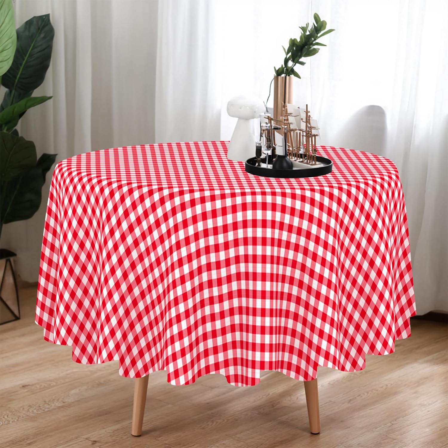 10 Pack Premium Disposable Plastic Tablecloth 84" Round Table Cover for Birthdays Weddings Christmas Anniversary Buffet Table (Red Checkered)