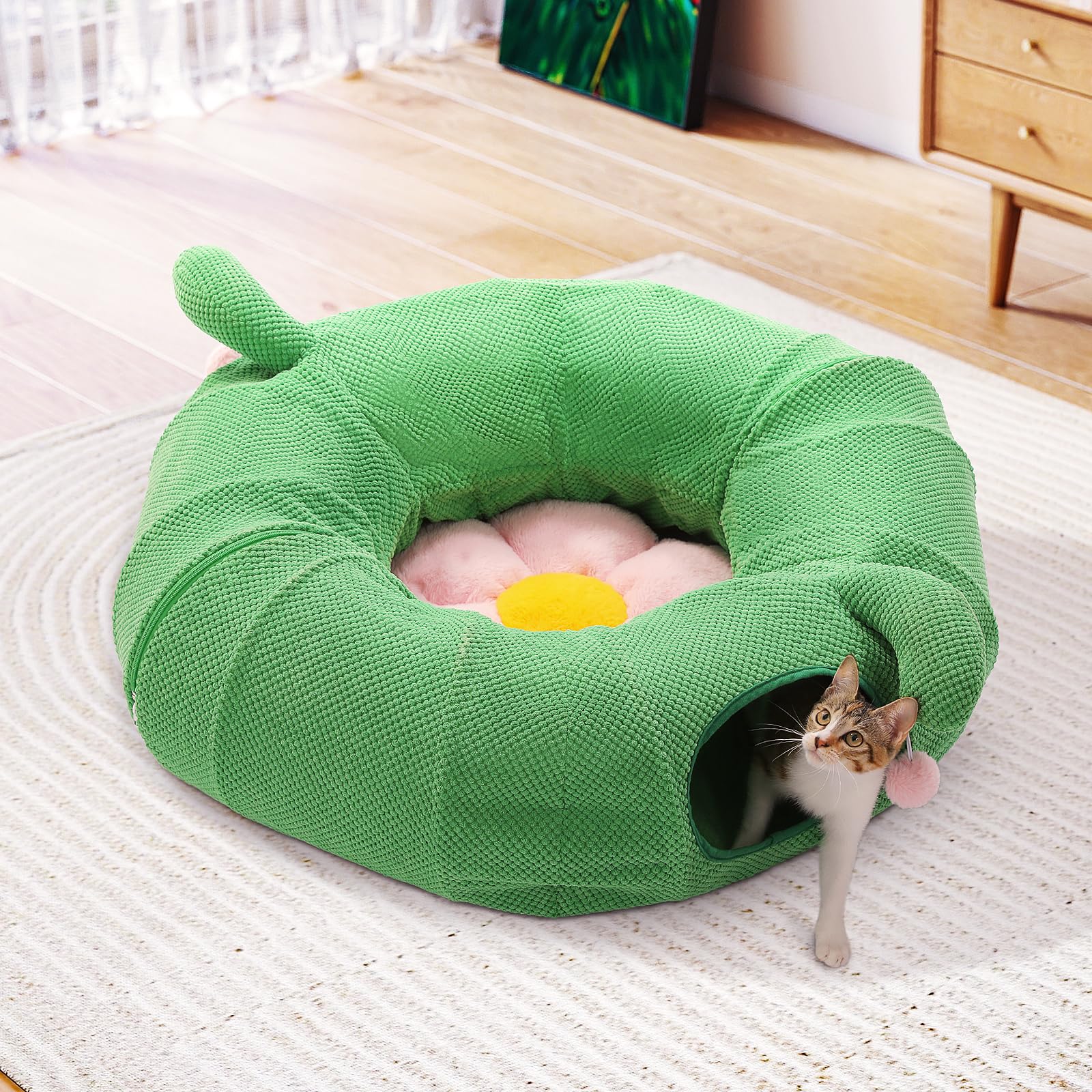 PETEPELA Katzentunnel, Kaktus-Katzen-Donut-Tunnel, zusammenklappbarer Katzentunnel, Durchmesser 90cm mit Blumen-Weichmatte für Wohnungskatzen