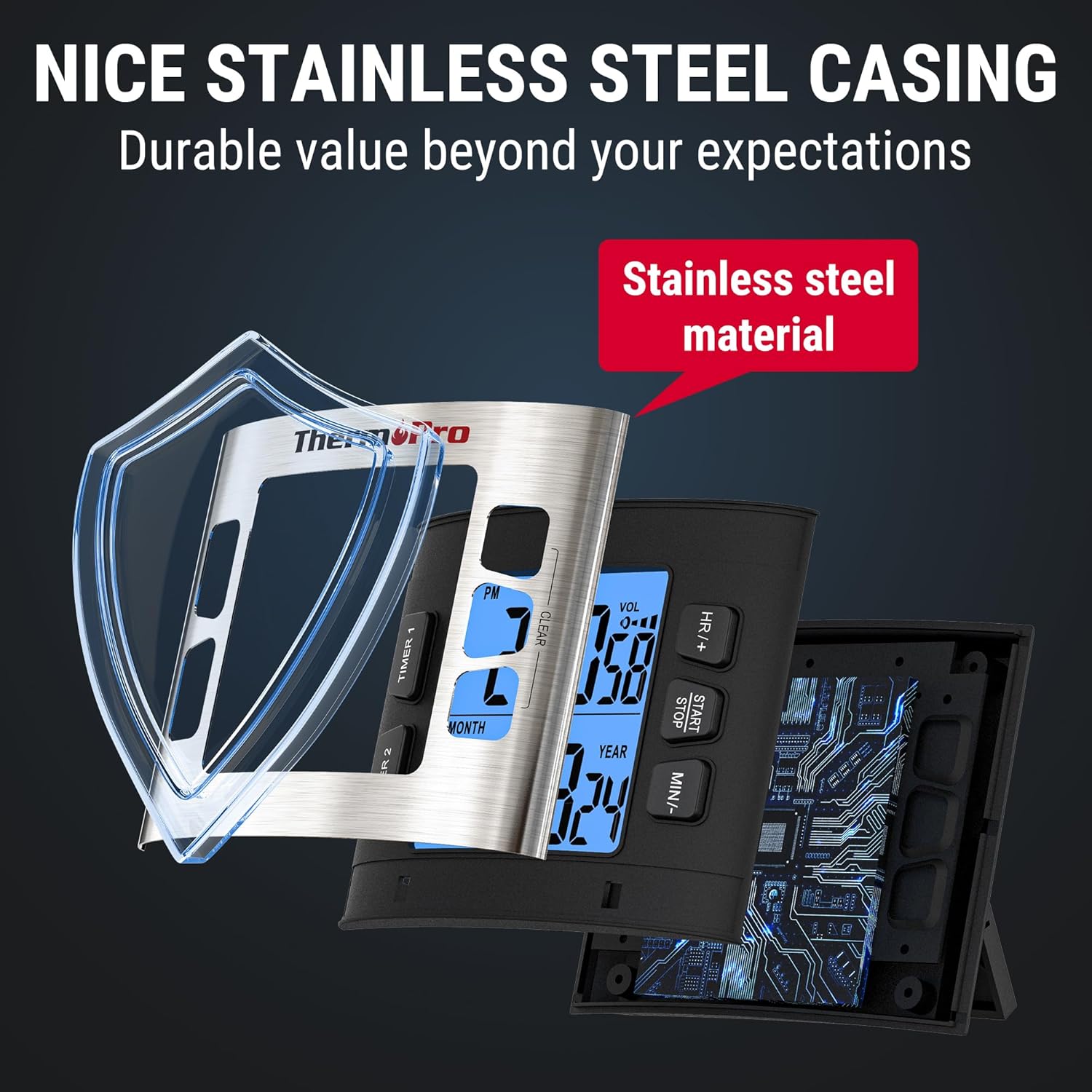 жарылды view of the ThermoPro TM02 timer showing its stainless steel casing жана ички компоненттер.