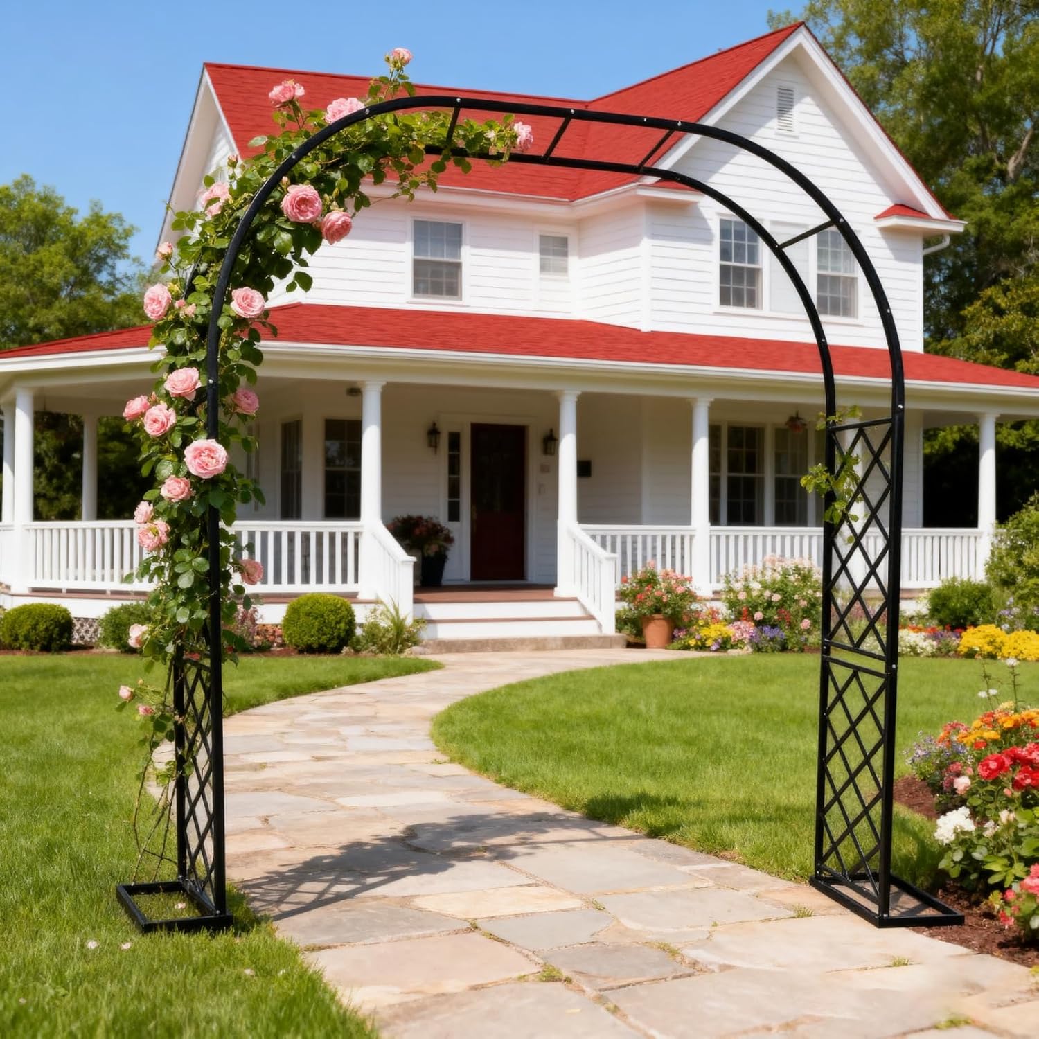 Black Heavy Duty Metal Garden Arch, 90.5" W x 94.5" H Metal Garden Arch Trellis for Climbing Plants, Decorative Archway Wedding Arch Frame for Patio, Backyard, Patio, Lawn, Pathway