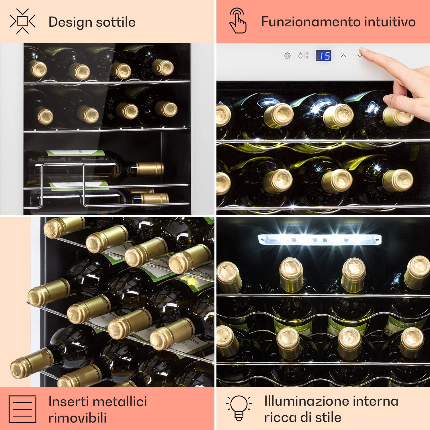 KLARSTEIN Cantinetta Vino Design, Cantinetta Vino Refrigerata a Zona Singola per Vino Rosso, Bianco e Birra, Controlli Touch, Frigo Vino Cantinetta per Esterno/Interno, 5-18°C, 53L, 20 Bottiglie