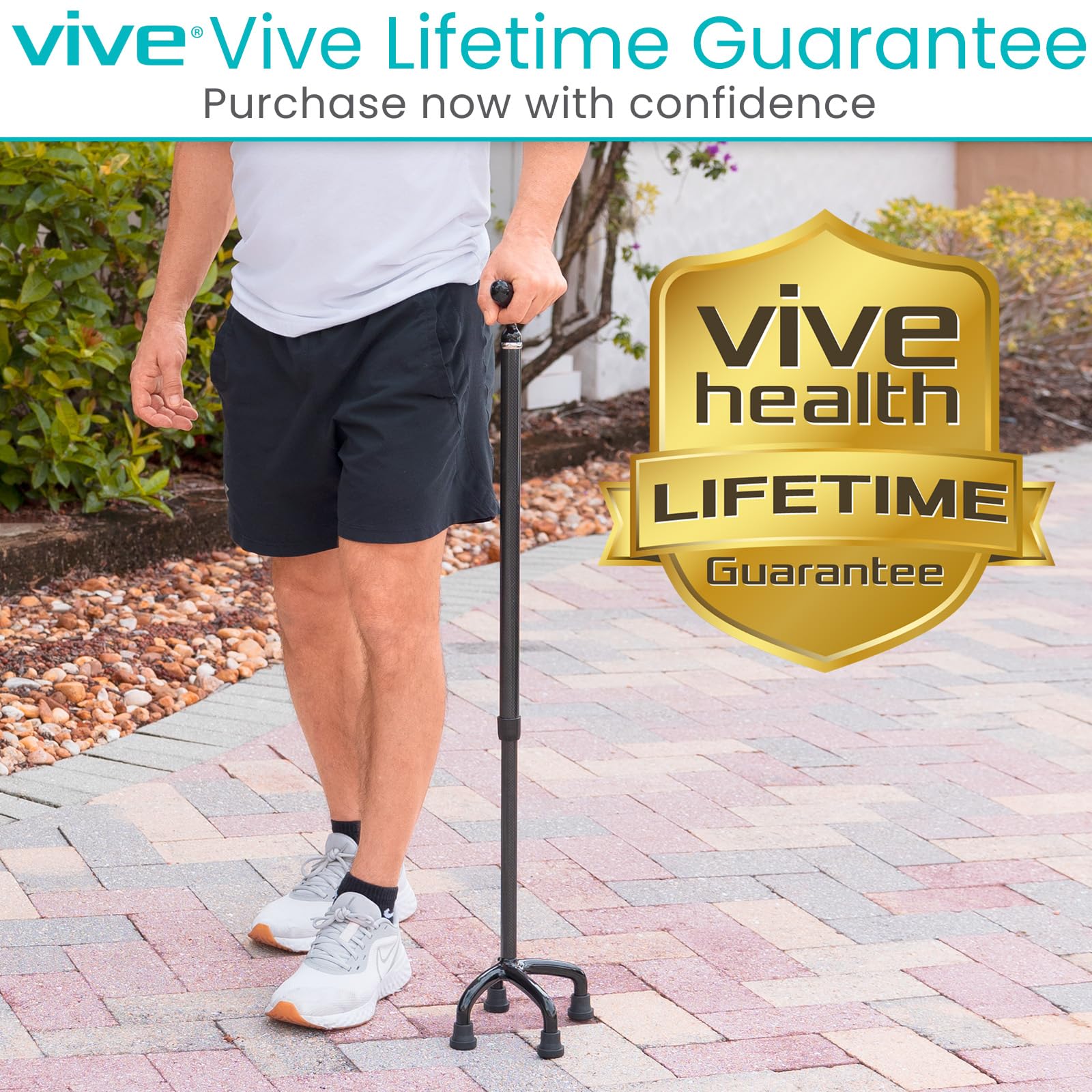 Vive Quad Cane - Bastón ligero de fibra de carbono para hombres y mujeres - Mango ergonómico ajustable - Puntas de goma antideslizantes de cuatro puntas para soporte de estabilidad derecha e izquierda