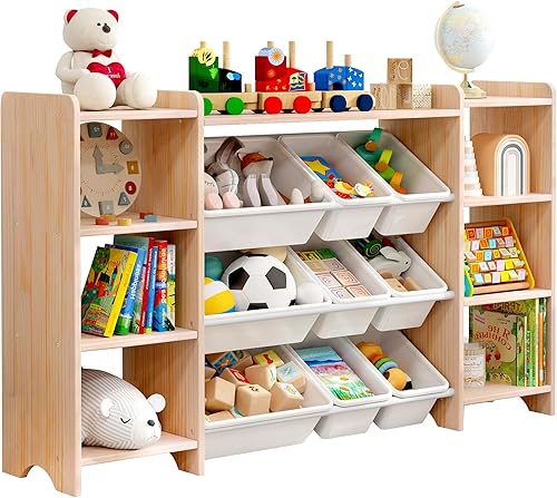MallBest Estante organizador de almacenamiento de juguetes para niños de 4 niveles, 100% madera maciza, armario de almacenamiento extra ancho para