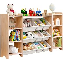 MallBest 4-Tier Kids Toy Storage Organizer Shelves - 100% Solid Wood Extra Wide Kids Storage Cabinet with 9 Plastic Bins and 6 Storage Ports