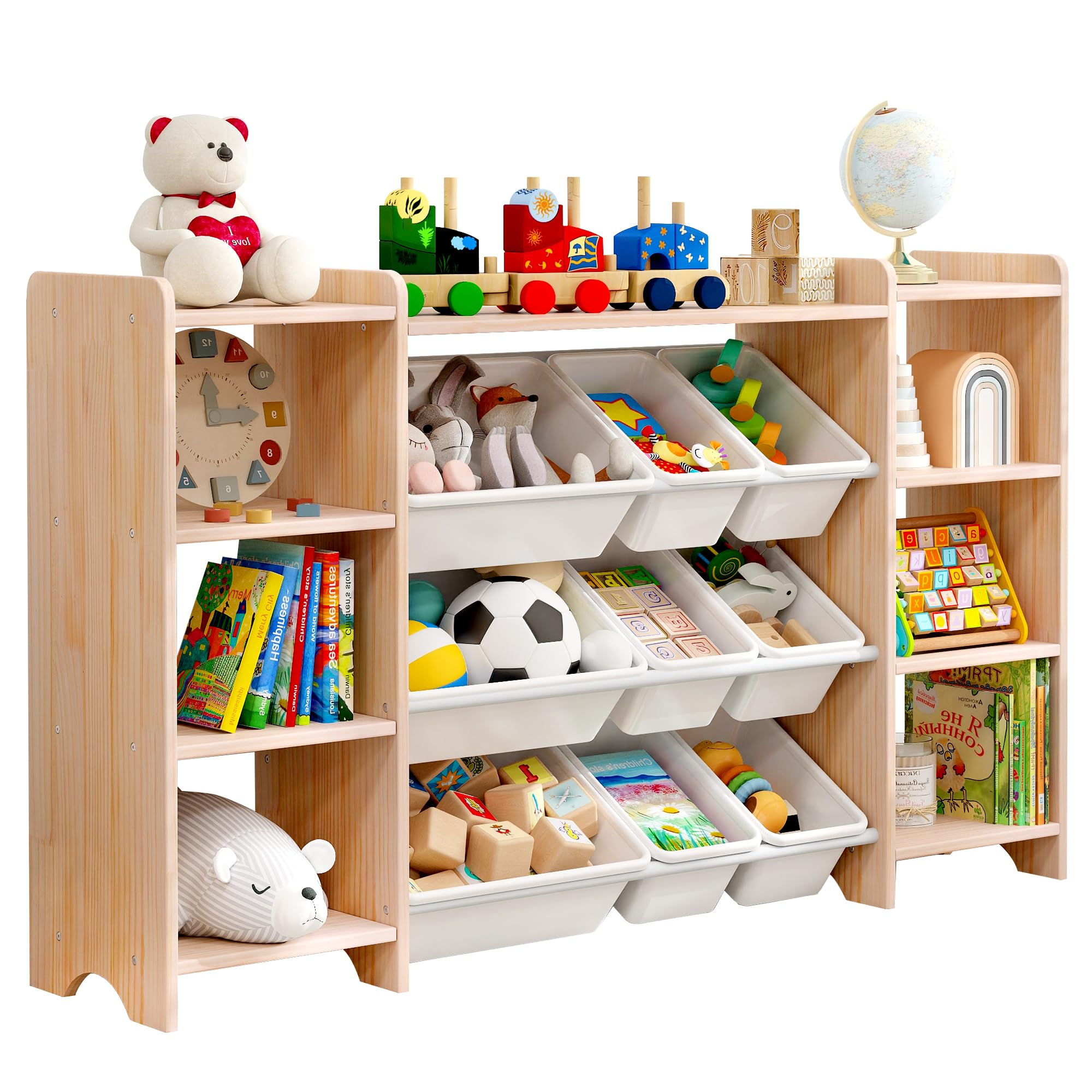 MallBest 57" Extra Wide Solid Wood Toy Storage Cabinet, 4-Tier Kids Bookshelf and Open Storage Organizer with 9 Bins, Premium Pine Wood Nursery