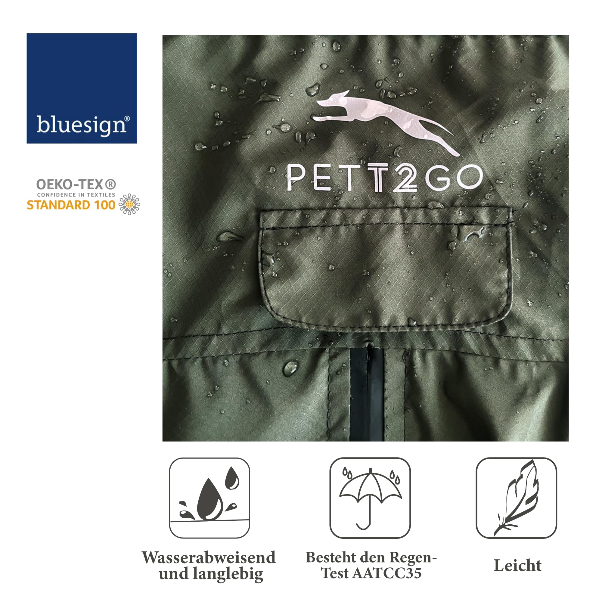 Windjacke, leicht, für Hunde, Mantel mit Beinen, mit Kapuze, Loch für Leine, reflektierend, kompakt – Dunkel Olivgrün-XL (Rüde)