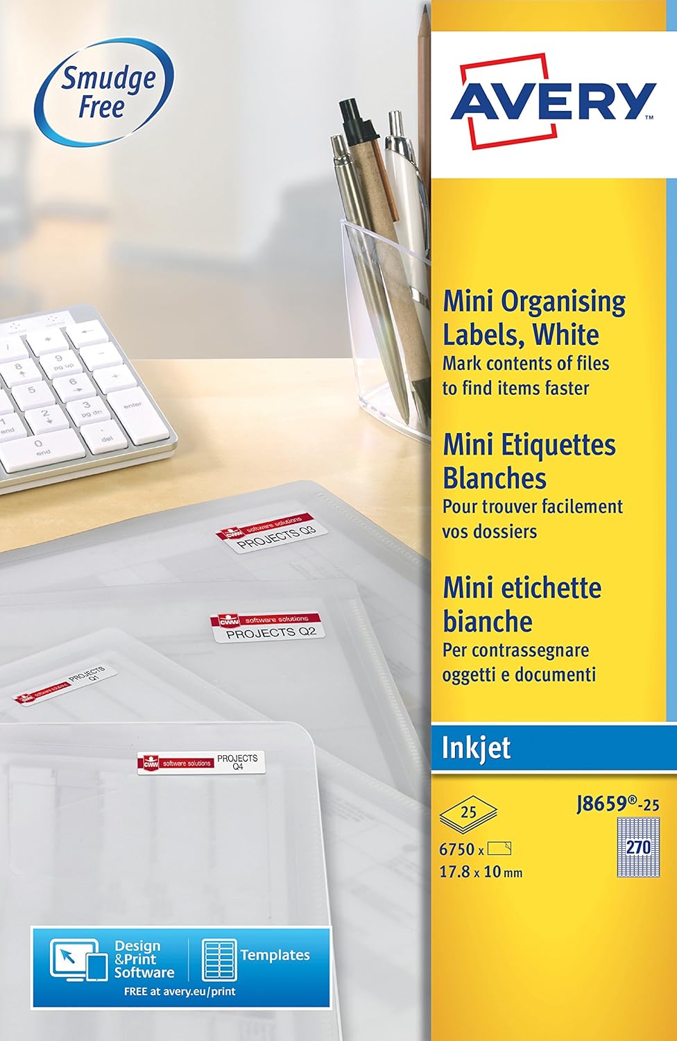 Avery J8659-25 Printable, Customisable Mini Filing Labels, 270 Labels Per A4 Sheet, White