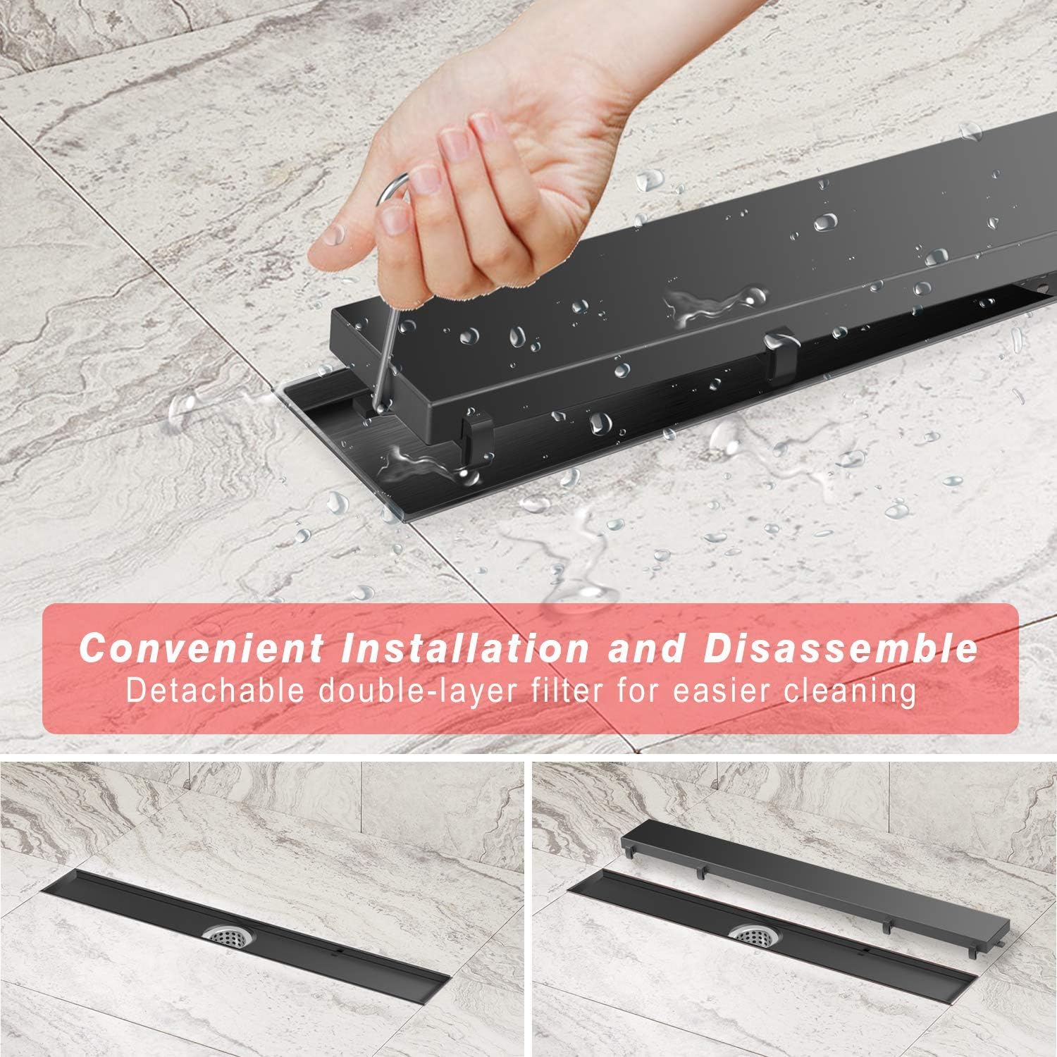 Review BARONAGE 36-Inch Linear Shower Drain, 2-in-1 Flat & Tile Insert Cover, Matte Black Brushed SUS 304 Stainless Steel Rectangle Shower Floor Drain Adjust