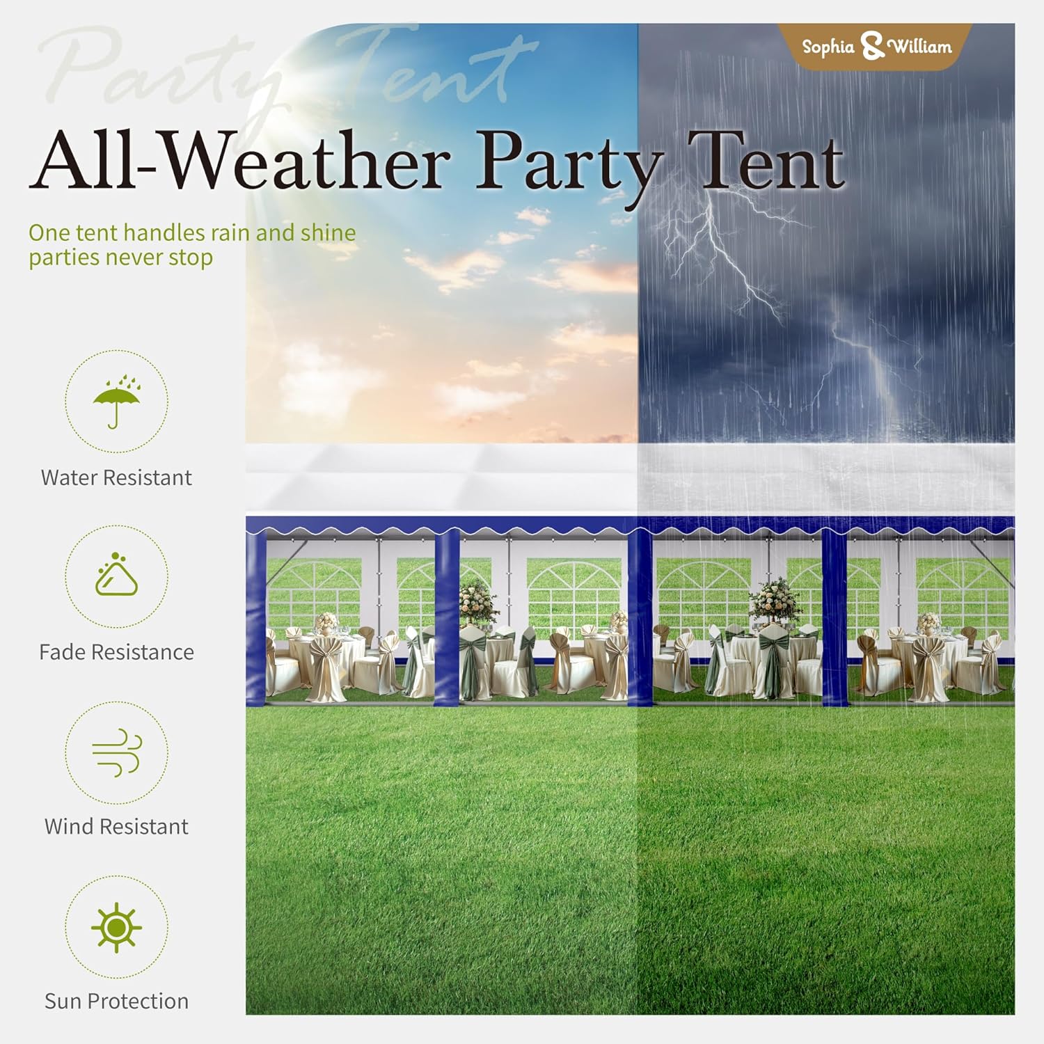 Diagram illustrating three setup configurations for the Sophia & William Party Tent: basic open canopy, with side panels, and with doors and side panels.