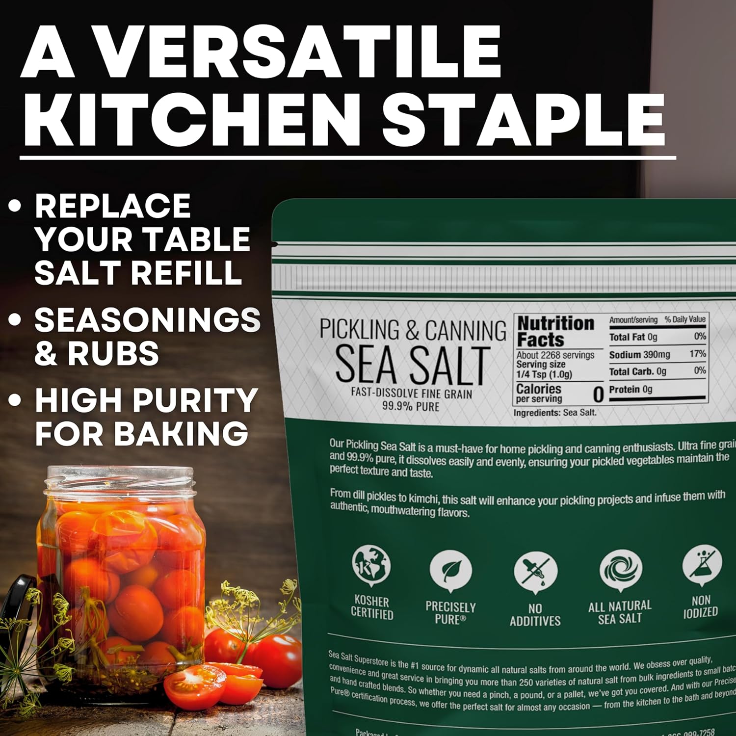 Pickling & Canning Pickling & Curing Salt for Natural Preserving, Fine Kosher Salt for Brining, 5 lb Pouch, Non Iodized