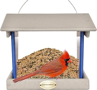 DutchCrafters Plastic Hanging Hopper Bird Feeder, Large Bird Feeders for Outdoors, Suitable for Food, Seed, Mealworm Large, Light Gray & Blue
