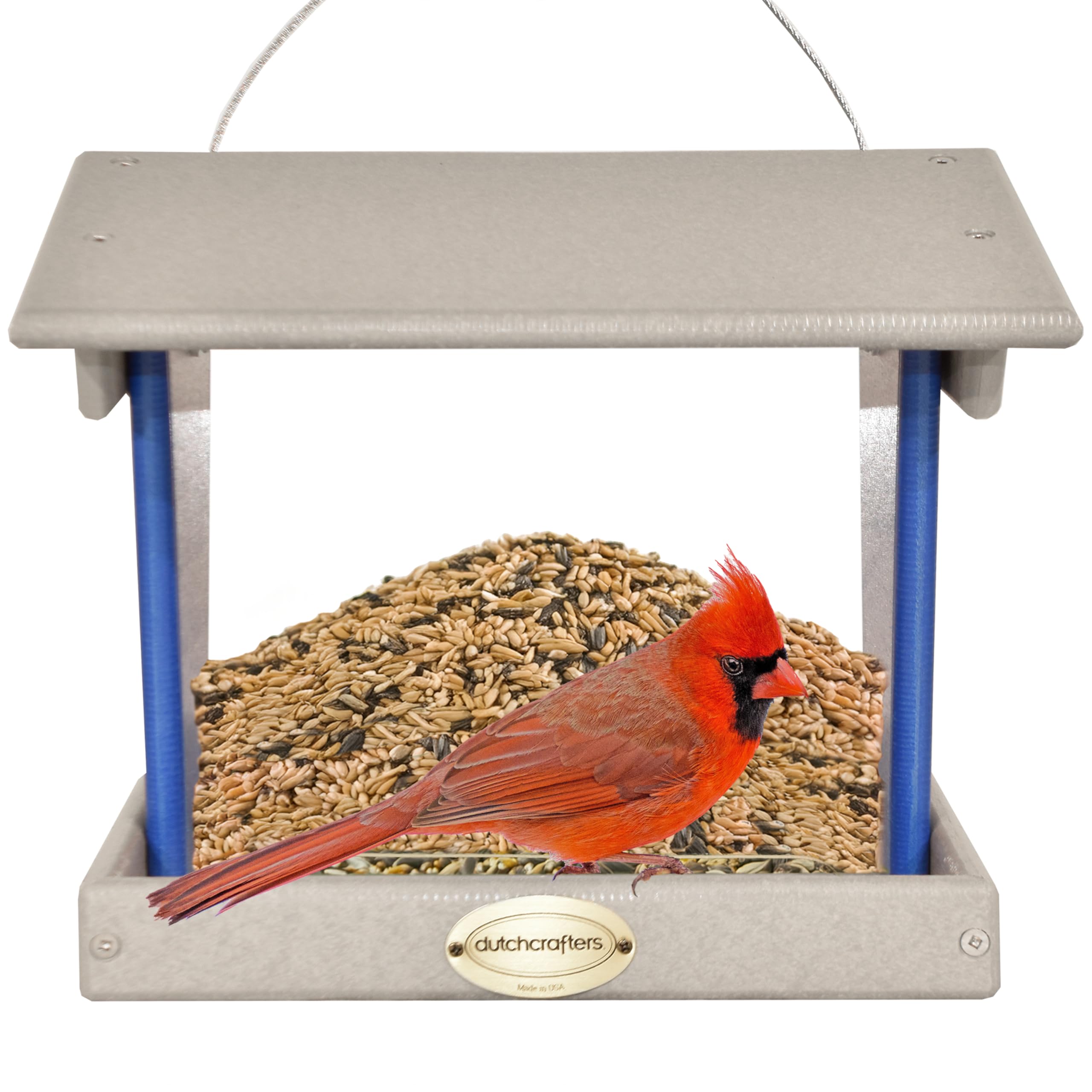 DutchCrafters Plastic Hanging Hopper Bird Feeder, Large Bird Feeders for Outdoors, Suitable for Food, Seed, Mealworm (Large, Light Gray & Blue)