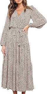 PRETTYGARDEN Womens Spring Long Sleeve Wrap V Neck Ruffle Floral Maxi Dress Casual Tie Waist Boho Chiffon Flowy Long Dresses