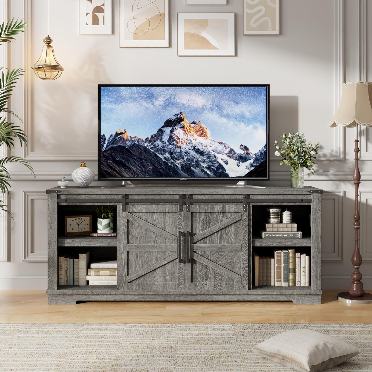 Farmhouse TV Stand for 75 Inch TV, Entertainment Center with Sliding Barn Doors, Television Stands with Storage Cabinets, Wood TV Consoles for Living Room, Bedroom, Office Furniture, Grey