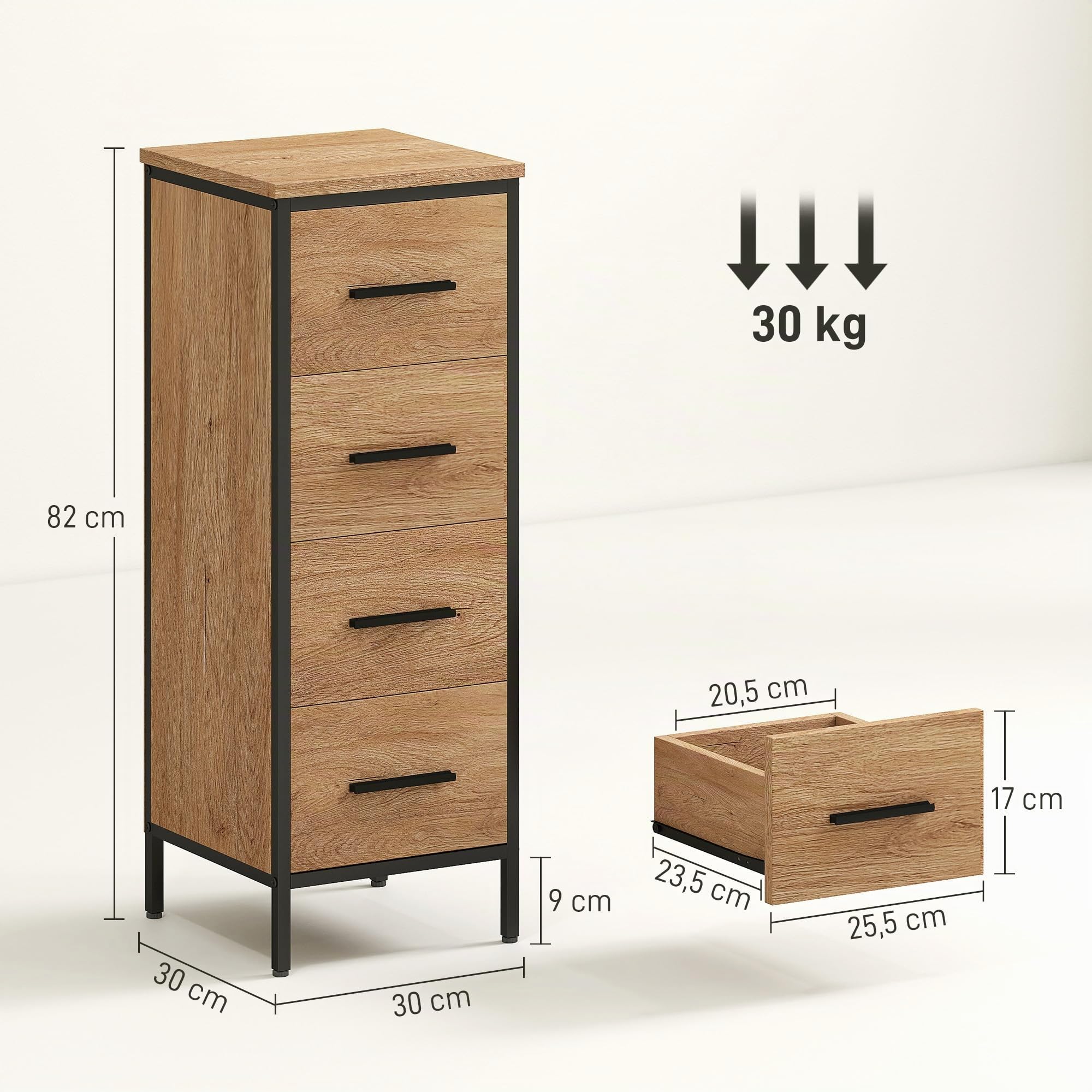 HOMCOM Armario de Baño Estrecho Mueble de Baño con Cajonera de 4 Cajones y Estructura de Acero 30x30x82 cm Color Roble