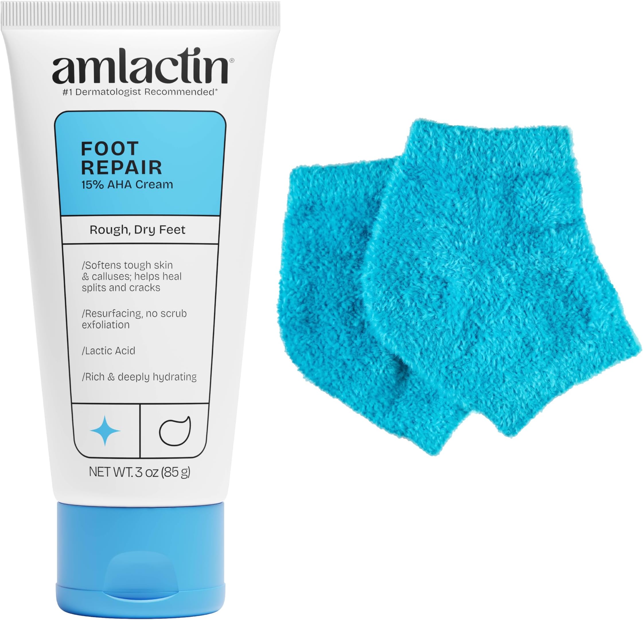Foot Repair Cream with Moisturizing Socks, 15% Lactic Acid, 3 oz | 15% lactic acid foot cream and moisturizing socks exfoliate and soften dry, cracked heels and rough feet without scrubbing.