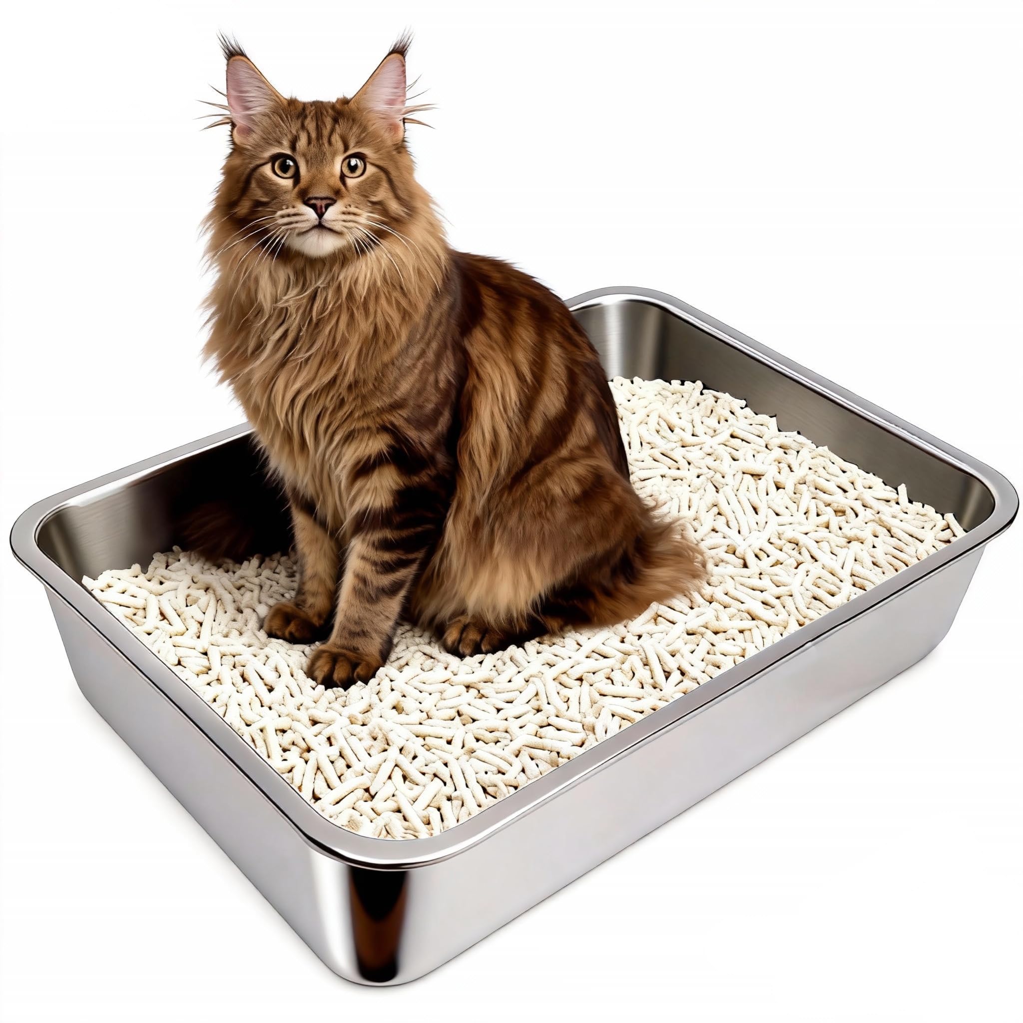 Gimars XXL Stainless Steel Cat Litter Tray 60 x 40 x 15 cm - Thick-Walled, Rustproof, Odourless, Easy to Clean Stainless Steel Cat Litter Tray for Cats and Rabbits