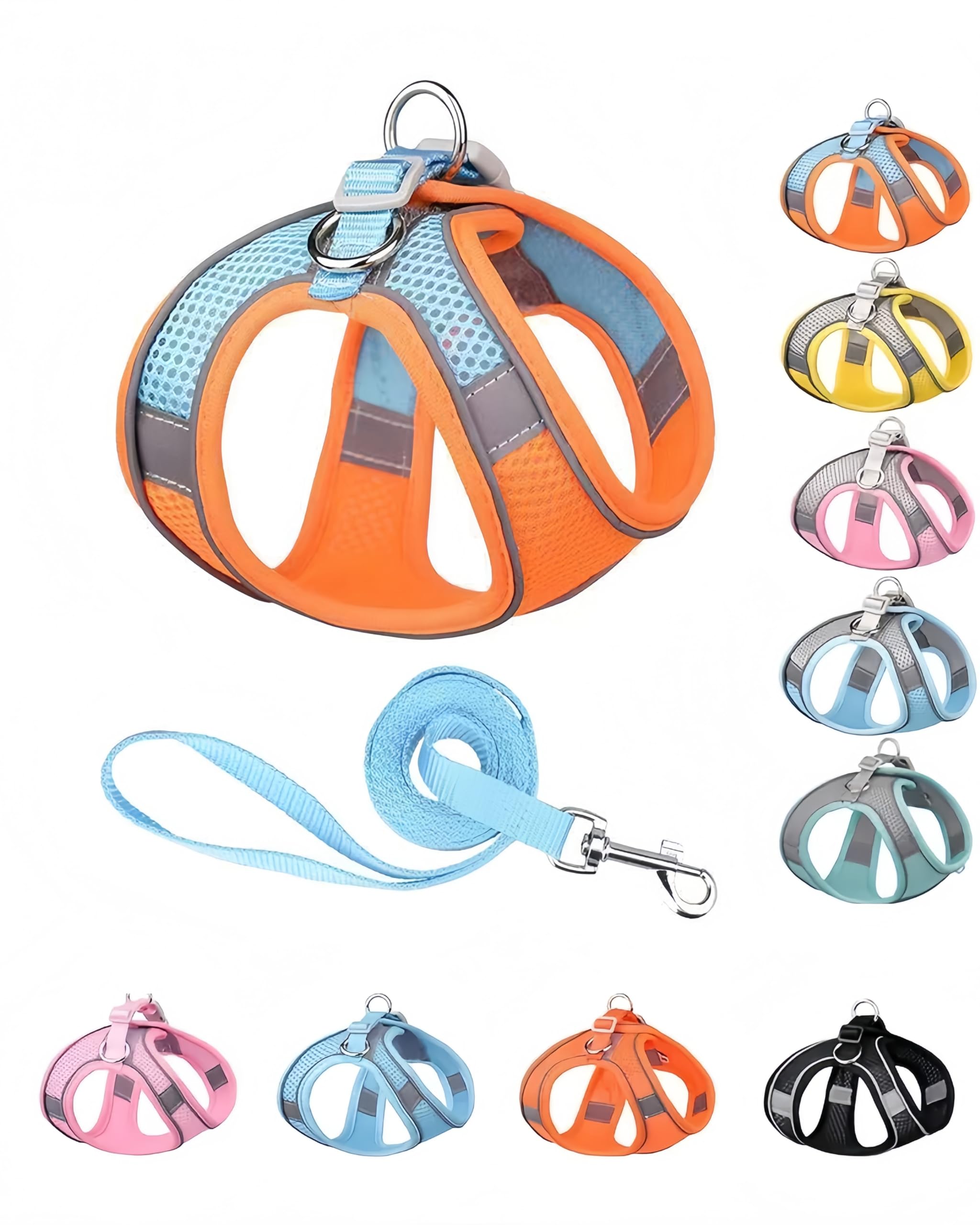Reflective Step-in Dog Harness - Breathable Mesh,5 Ft Towing Rope，Soft Padded Vest for Small to Medium Dogs & Cats, Machine Washable,M,Orange-Blue