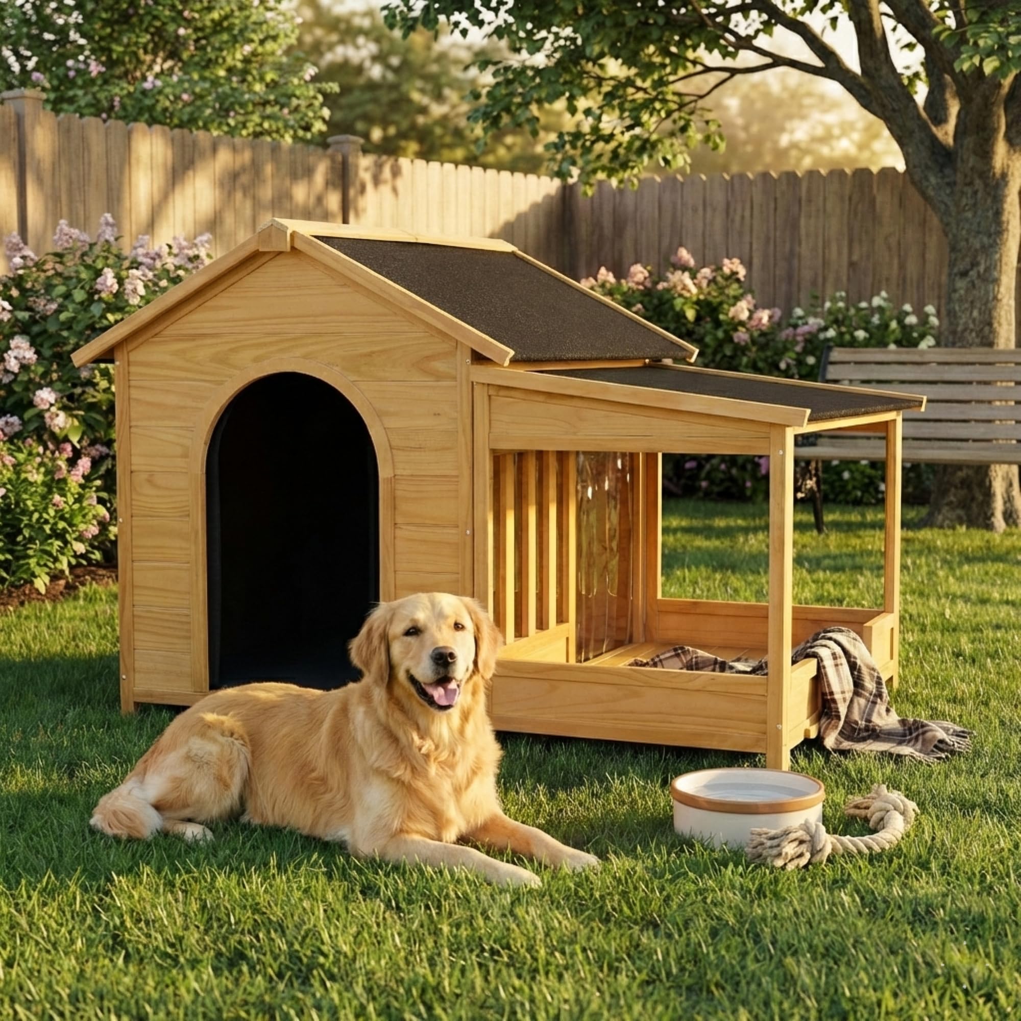 Photo 1 of ** TWO BOXES. SCRAPES/SCRATCHES. LOOSE PIECES**60.2" Outdoor Dog House with Insulated Liner, Waterproof Wooden Kennel with Porch, Asphalt Roof, Raised Floor, Winter Dog Shelter for Medium & Large Dogs up to 120 lbs, Nature