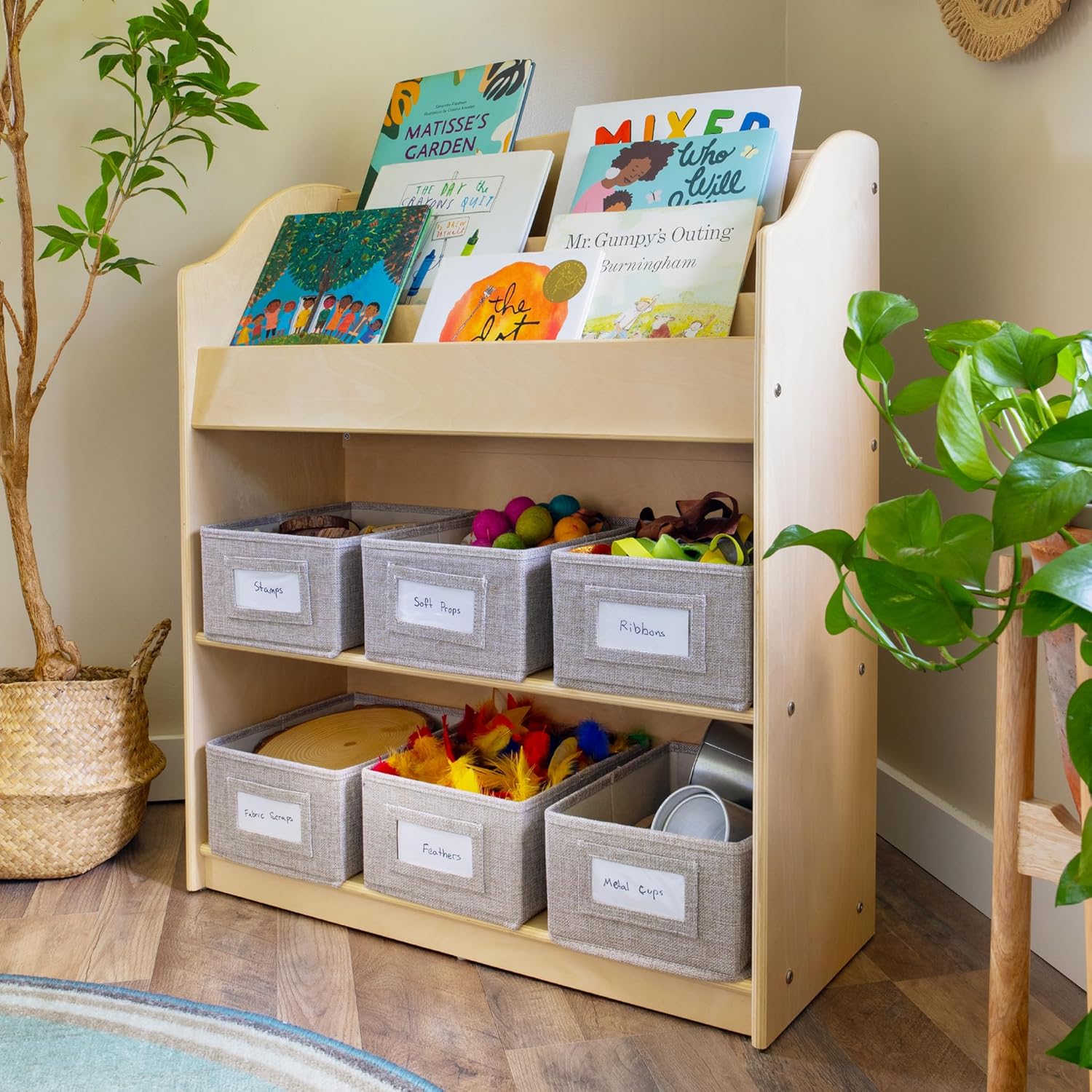 Guidecraft EdQ Book and Bin Browser Natural: 6 Fabric Storage Bins, Book Display and Toy Storage Organizer for Kids; School Supply Furniture