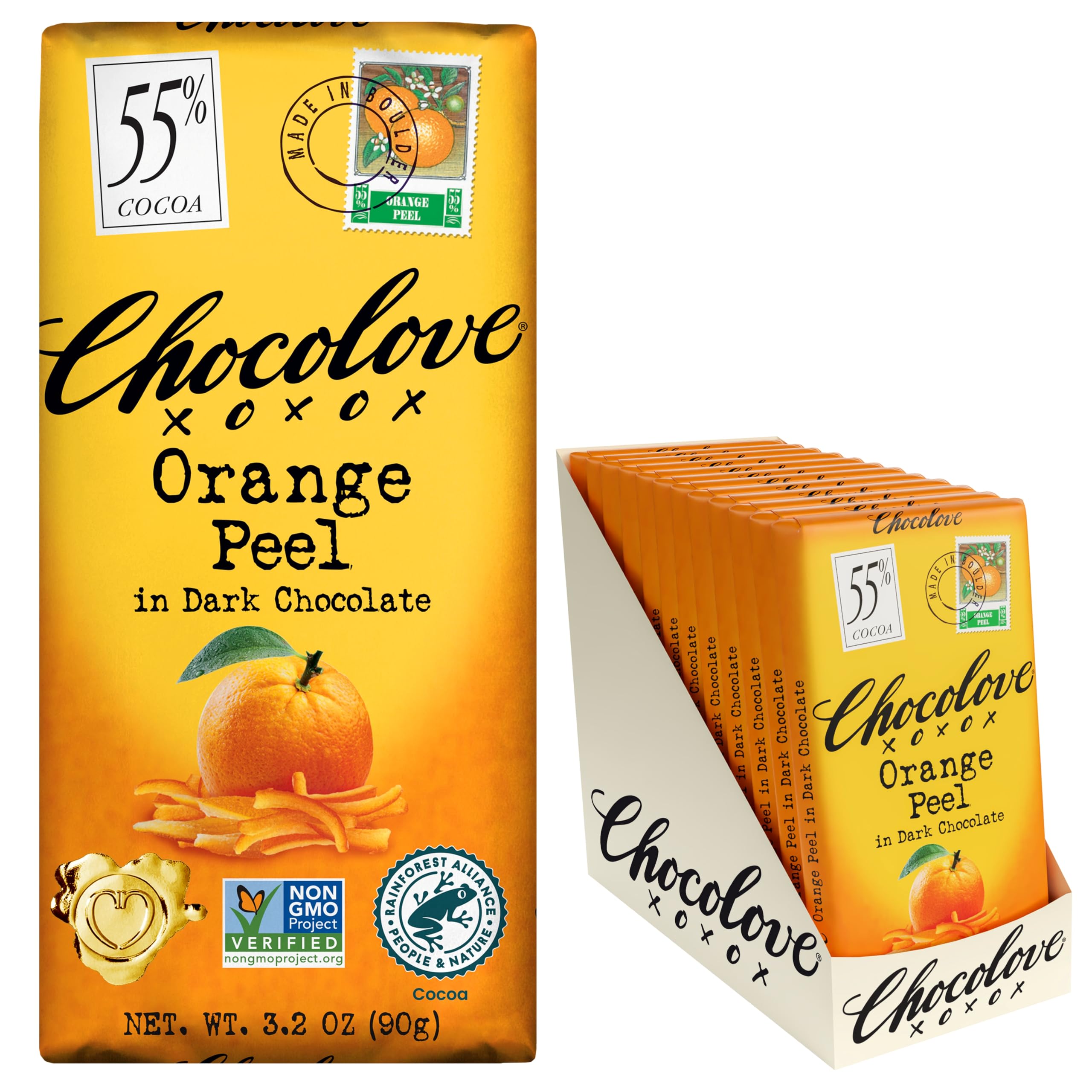 Orange Peel Dark Chocolate Bars | 55% Cocoa | Tangy Orange Peel Bits | Smooth & Sweet | Premium Belgian Dark Chocolate |Non GMO, Rainforest Alliance Certified, 3.2oz Bar (12 Pack)