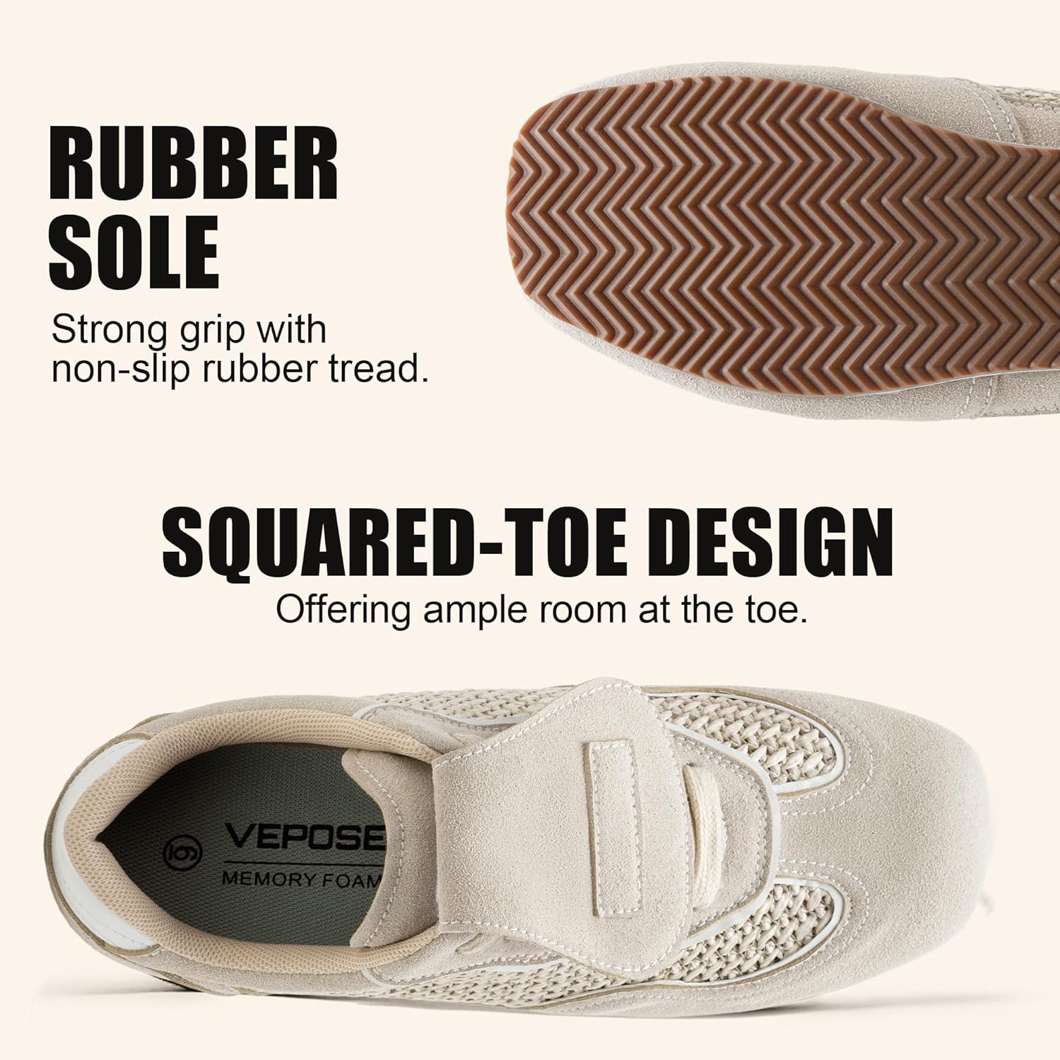 Vepose Women's Retro GAT Sneakers Suede Raffia Fashion Trainers, Removable Flap Square Toe, Memory Foam Non Slip, Casual Everyday Walking Tennis Shoes Travel 8203
