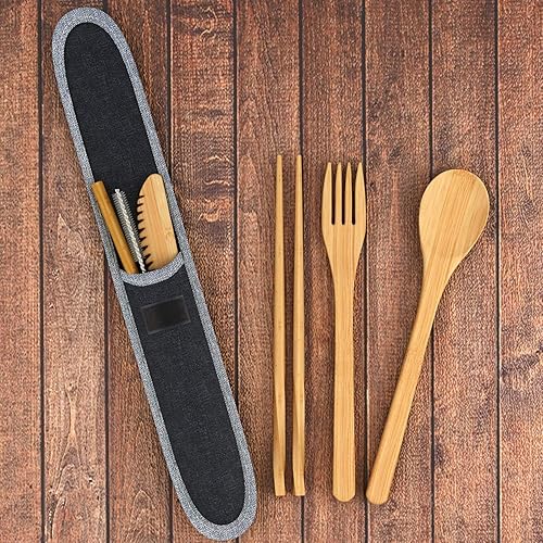 Miniatura 3 de Juego de cubiertos de bambú natural de 8 piezas, kit portátil que incluye popote de madera reutilizable, cuchara, palillos, tenedor, cepillo de