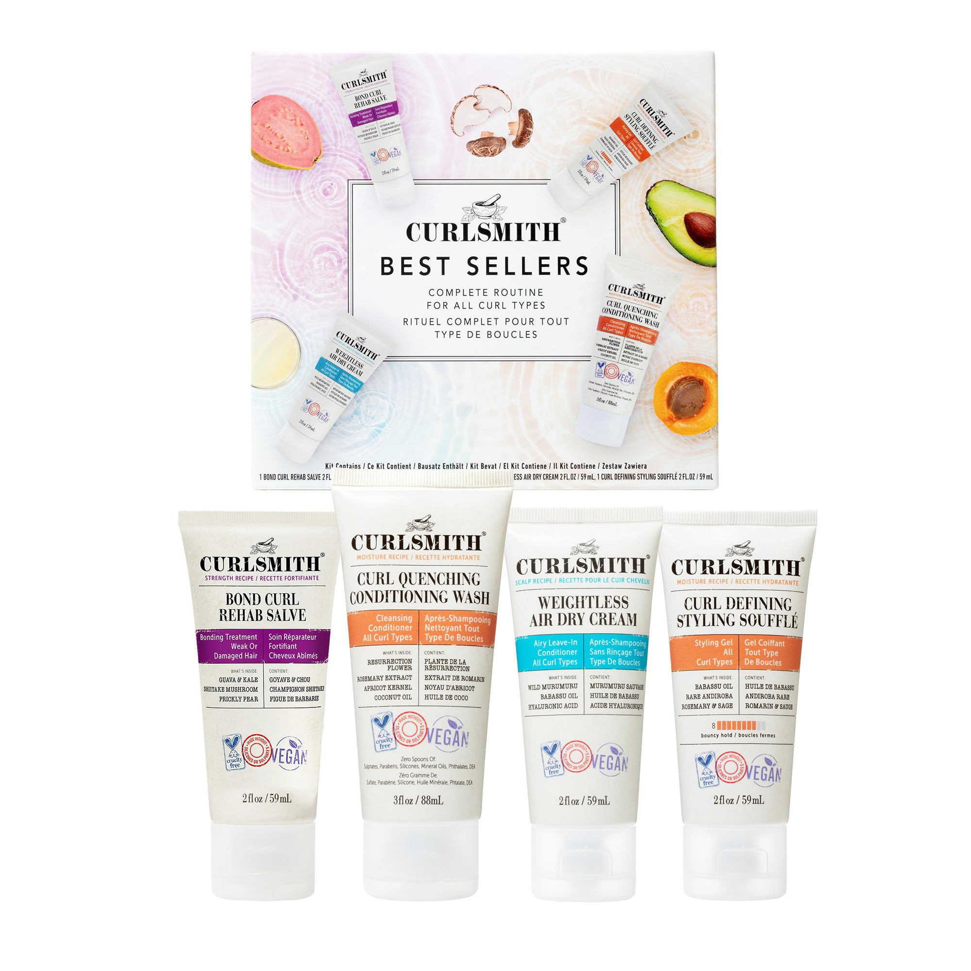 Curlsmith Reisegrößen-Set für alle Lockentypen Enthält Kraft, Feuchtigkeit und Kopfhautrezepte | Vor-Shampoo-Behandlung, Shampoo & Conditioner, Leave-In Conditioner und Styling-Soufflé.