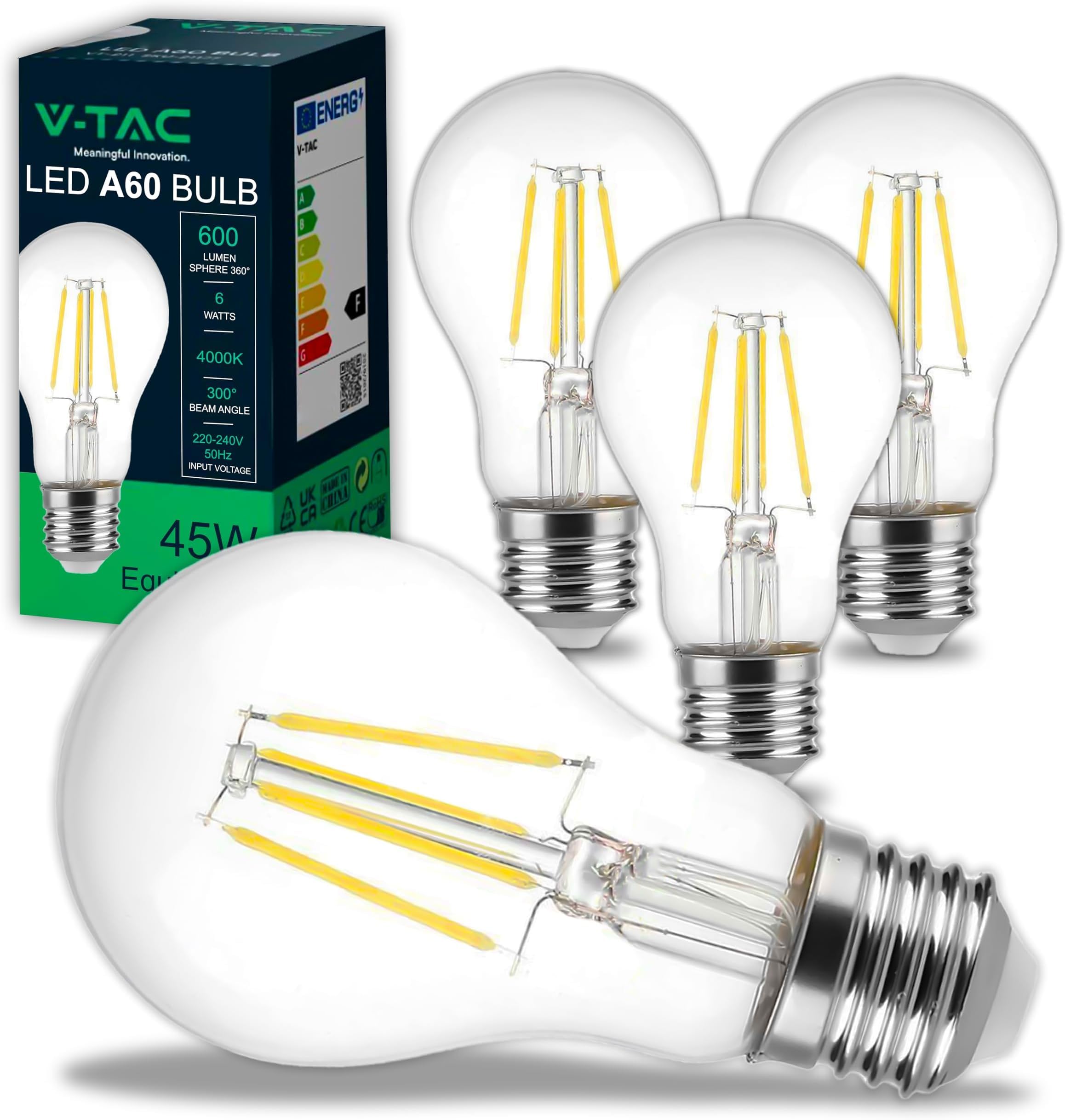 V-TAC 4x Lampadina LED a Filamento con Attacco E27 6W (Equivalenti a 45W) A60-600 Lumen - Lampadine LED Massima Efficienza e Risparmio Energetico - 4000K Luce Bianca Naturale (Confezione da 5)