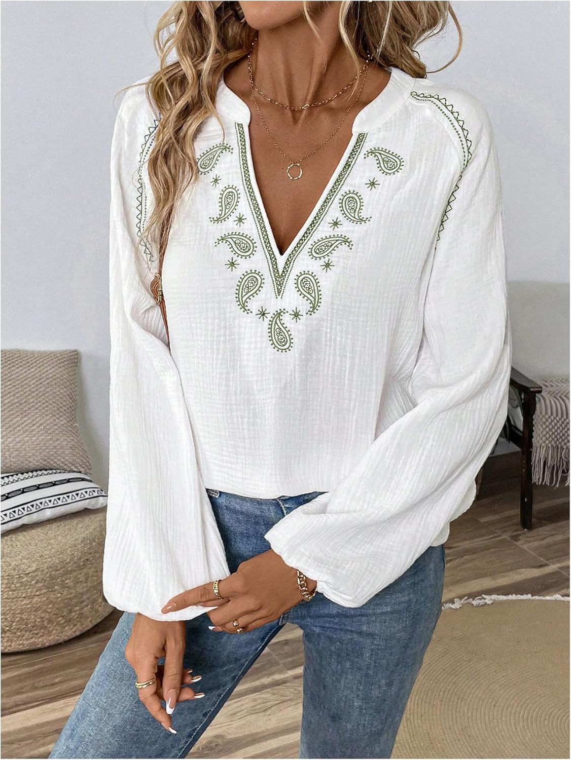 GORGLITTER Women's Boho Peasant Blouses Embroidered Bishop Long Sleeve Linen Shirt V Neck Casual Dressy Nashville Outfits