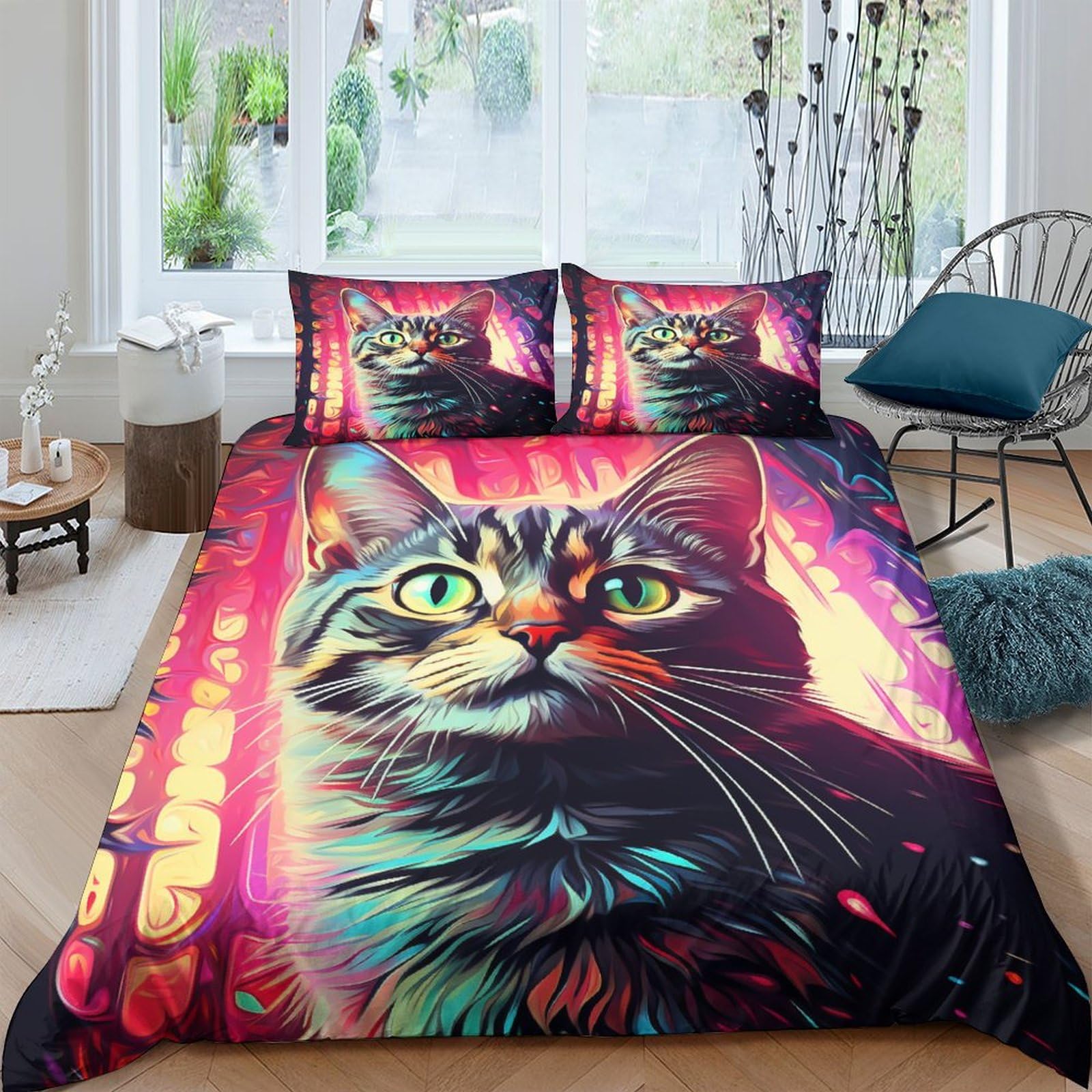 Housse de couette chat 3D coloré pour chambre enfant et adulte douce