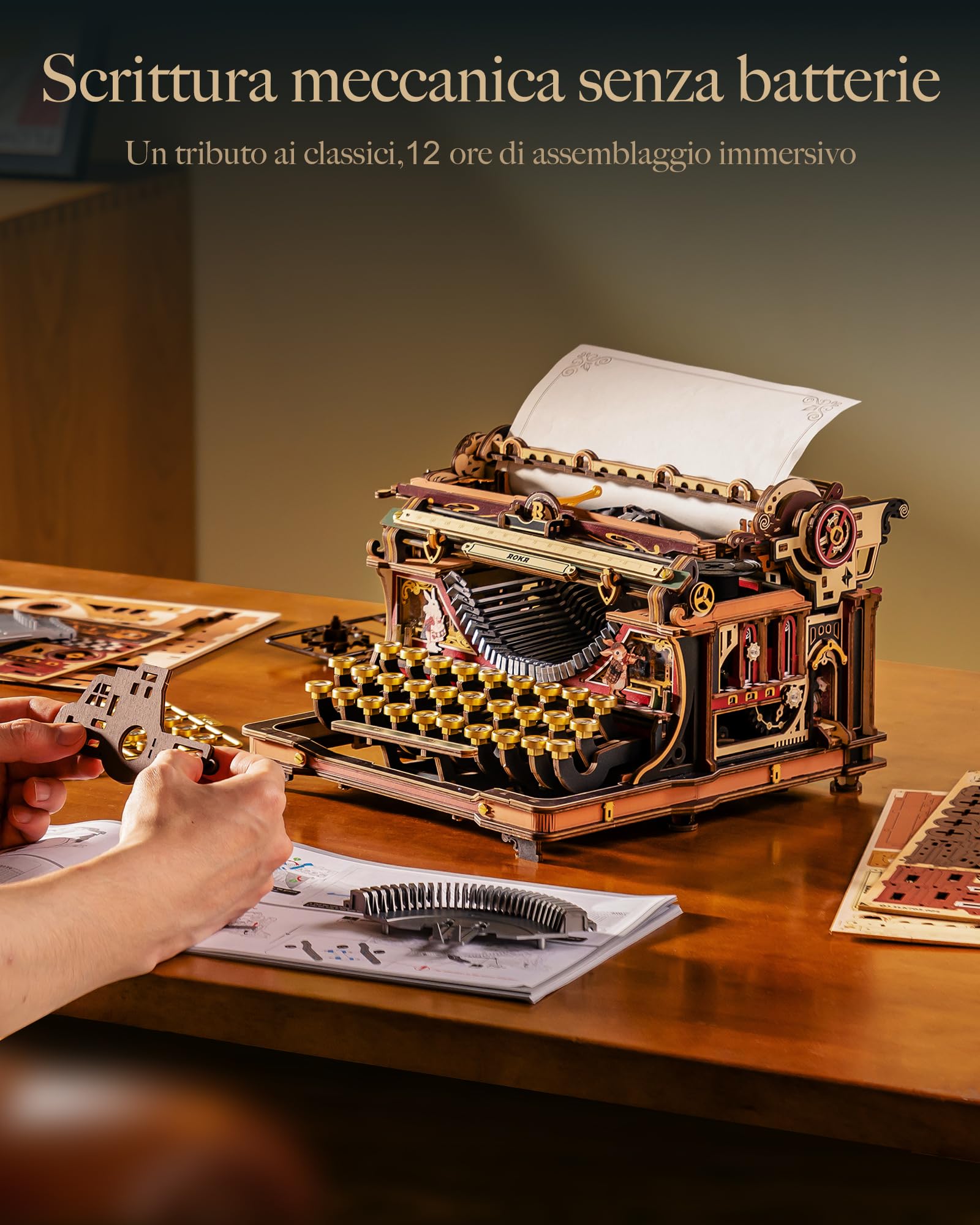 ROKR Puzzle 3D in Legno Macchina da Scrivere Meccanica Modellino, Kit Costruzione Fai da Te per Adulti, Arredamento da Scrivania Retro, Mechanical Typewriter (Versione Magica) LK703C