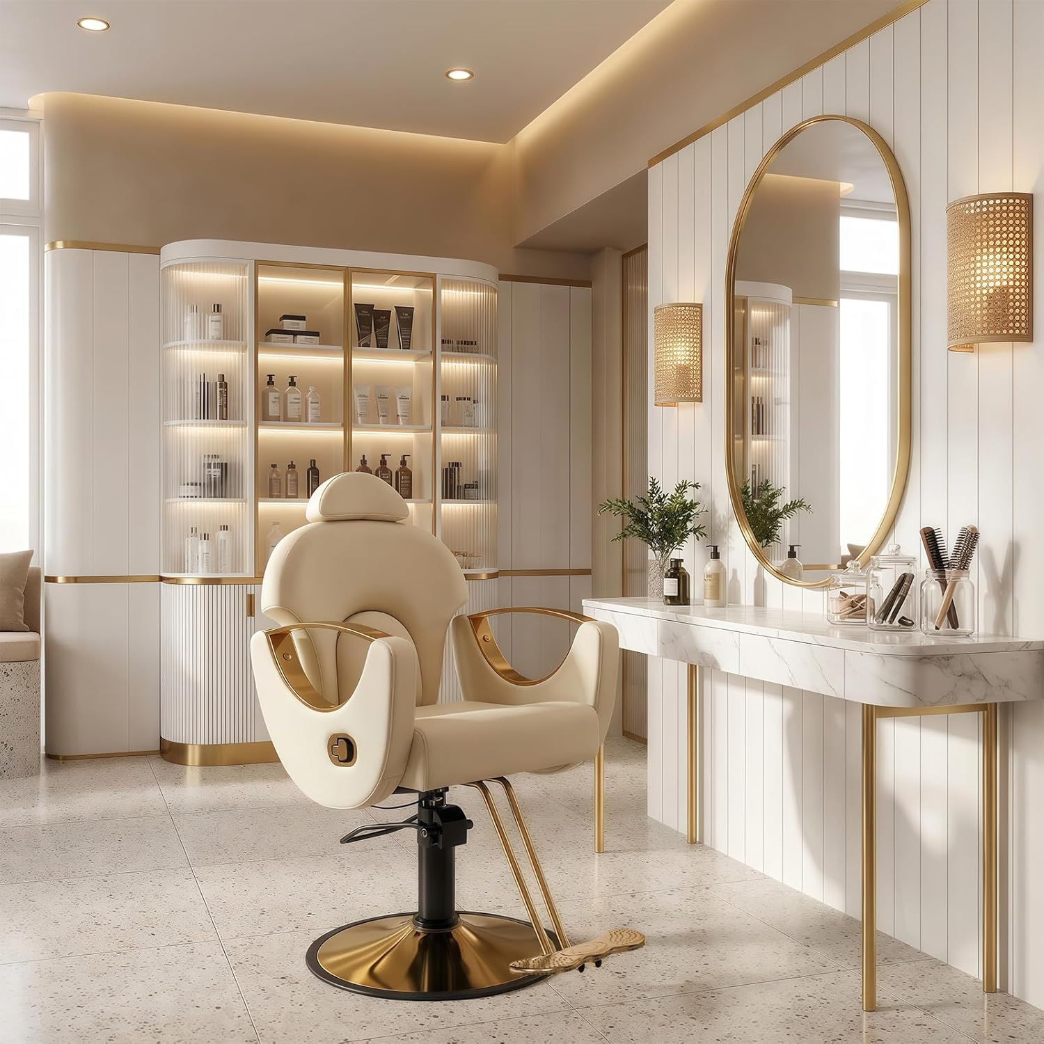 Salon Barber Chair for Hair Stylist, Reclining Salon Chairs with Heavy Duty Hydraulic Pump Multi-Function Shampoo Tattoo Beauty Salon Hairdresser Armchair for Home Beauty Barbershop, Beige