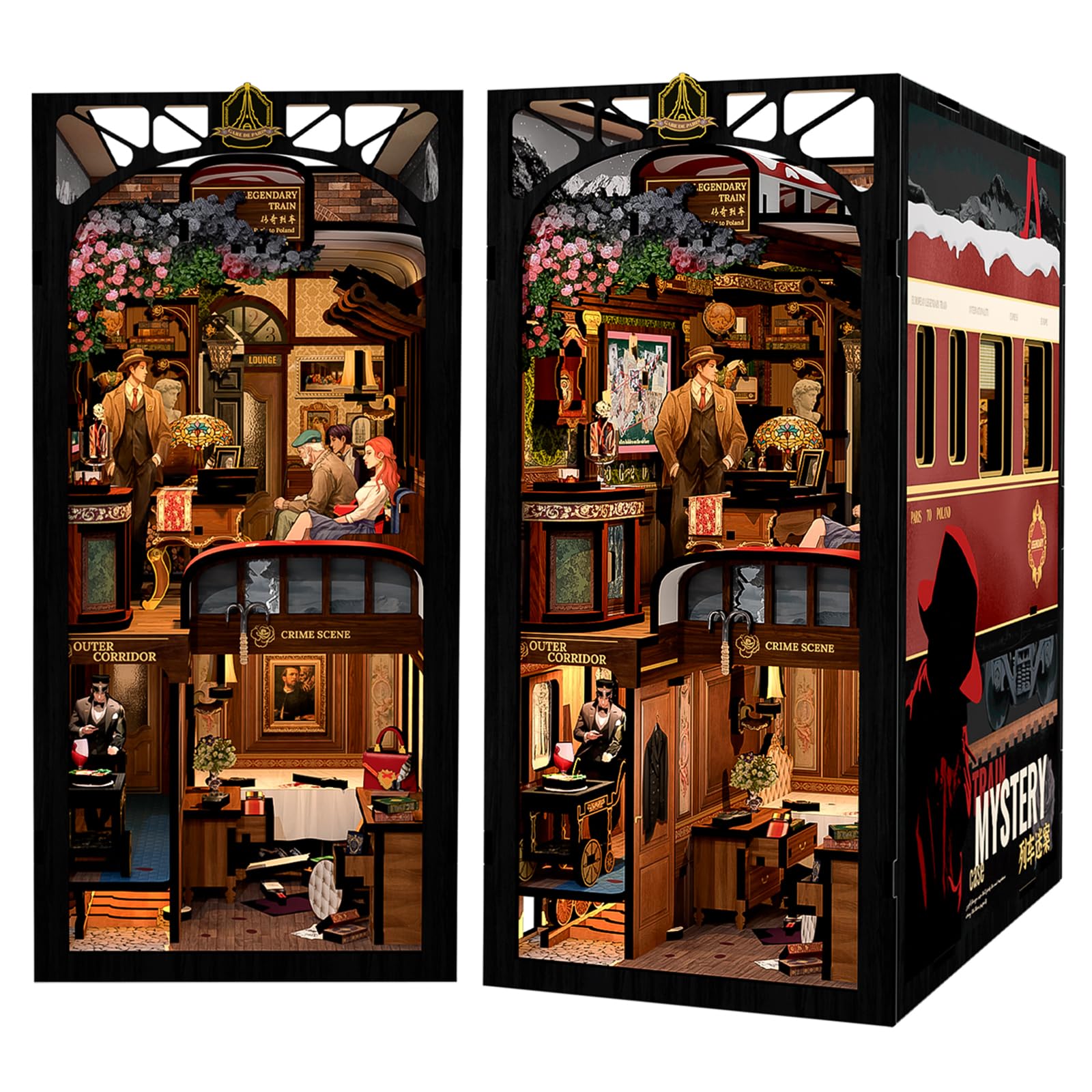 Fsolis DIY Book Nook Kit,Casa de Muñecas en Miniatura con Luces LED y Placa Protectora contra el Polvo Insertable,3D Rompecabezas Booknook (Train Mystery Case)