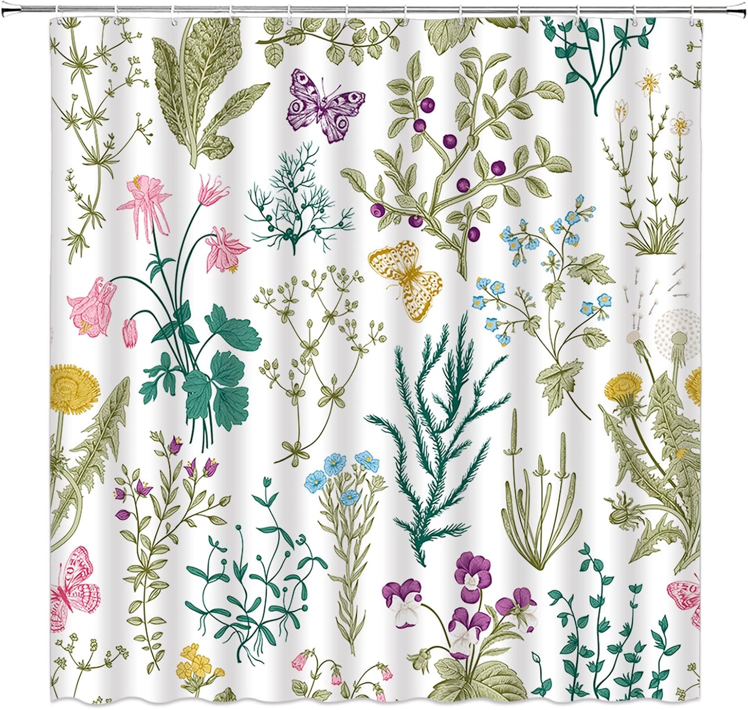 Black Floral Shower Curtain Vintage Herbal Flower Watercolor Plant Green Leaves Wildflower Herbs Vintage Natural Botanical Fabric Bathroom Curtains Decor Set with Hook(70" Wx96 H)